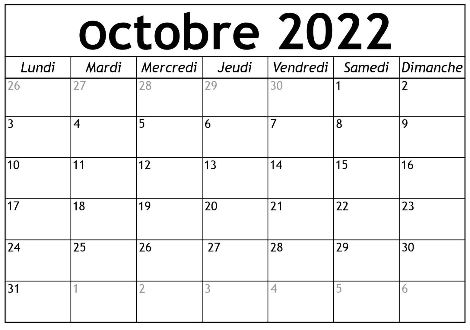 Calendrier Octobre 2022 À Imprimer Avec notes
