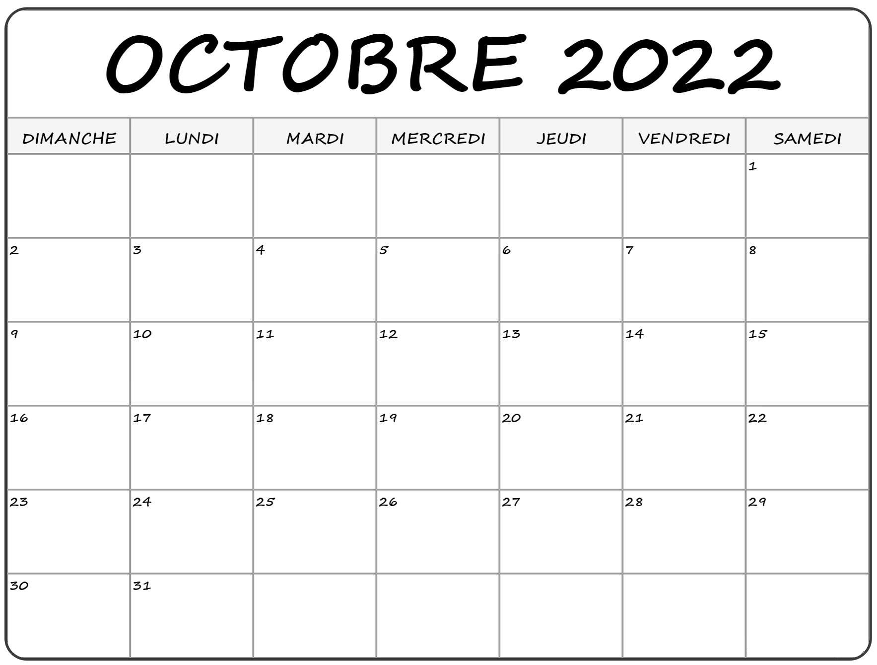 Calendrier Octobre 2022 À Imprimer Blanc