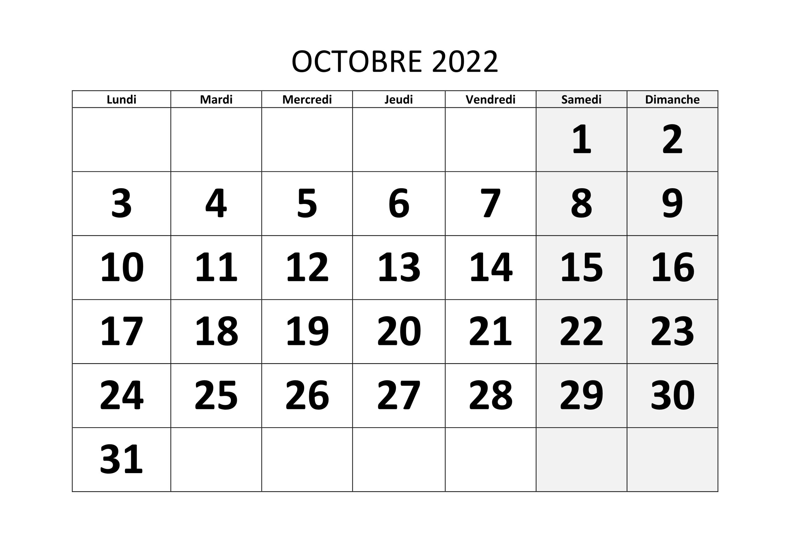 Calendrier Octobre 2022 À Imprimer