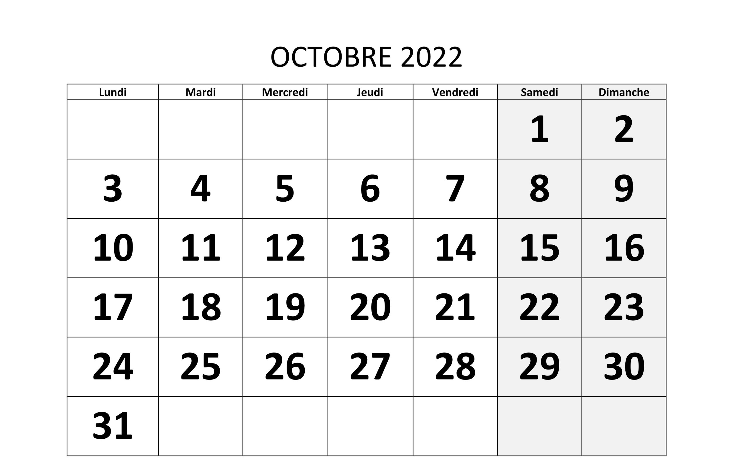 Calendrier Octobre 2022