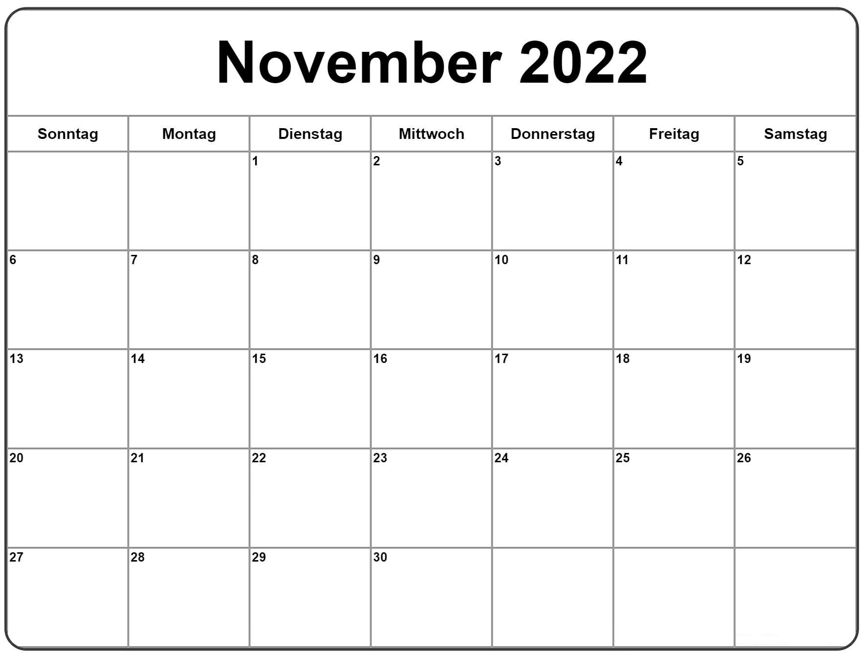 Kalender 2022 November Tabelle