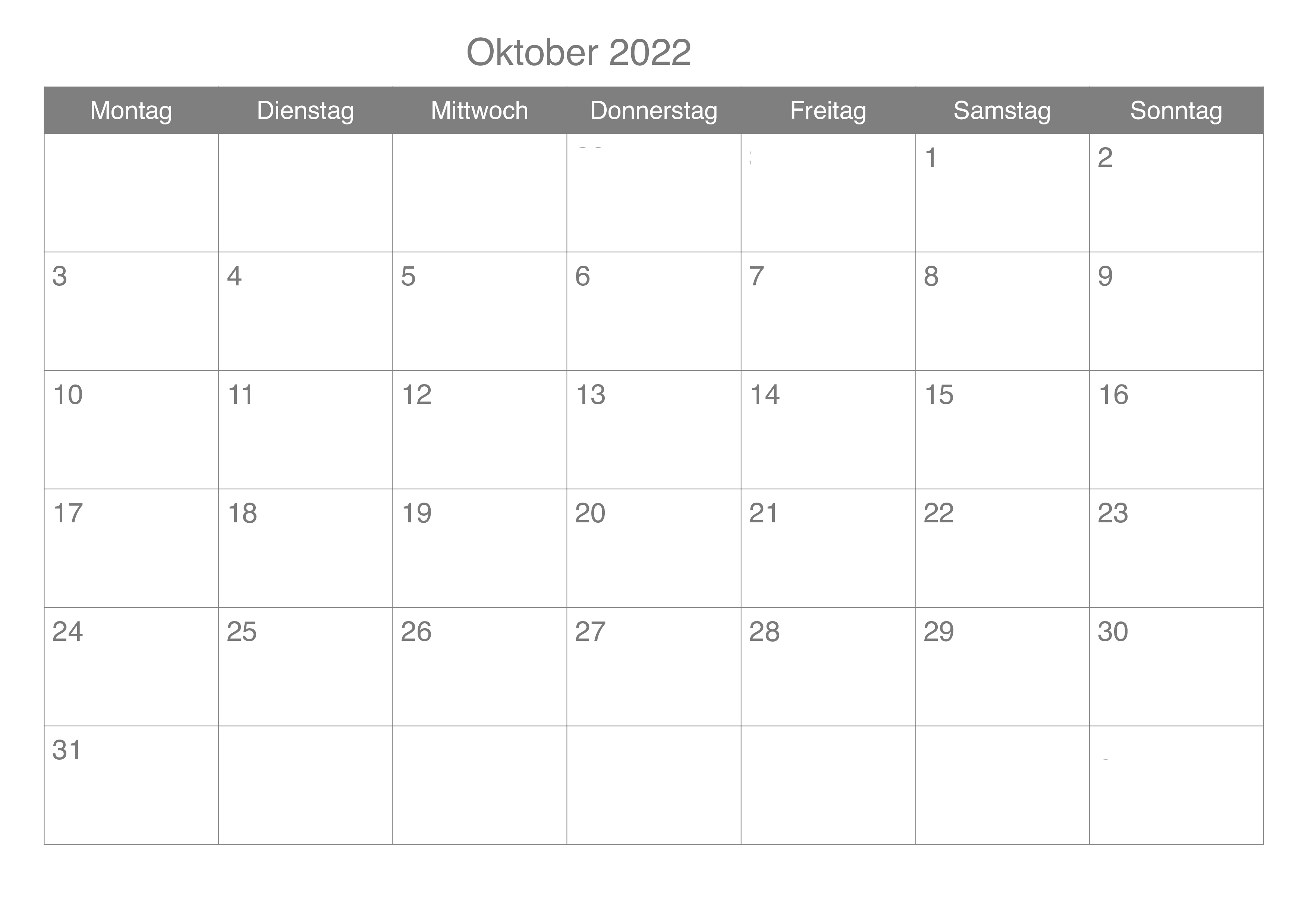 Kalender 2022 Oktober Notizen