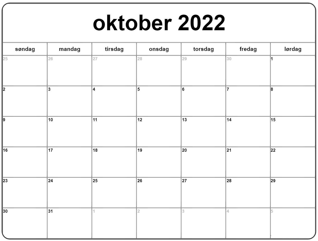 Kalender 2022 Oktober Schwarzweiß