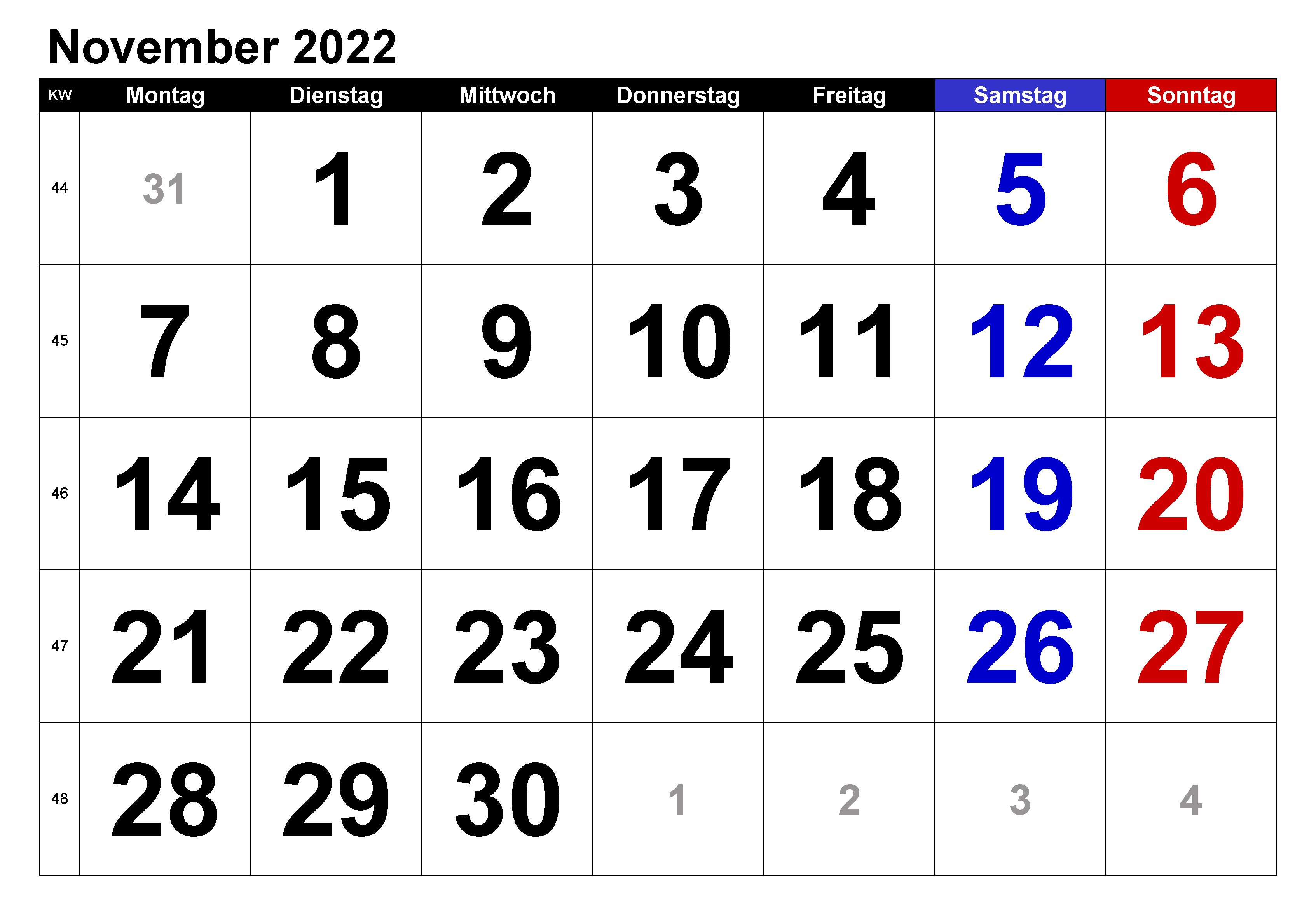 Kalender November 2022 Mit Feiertagen