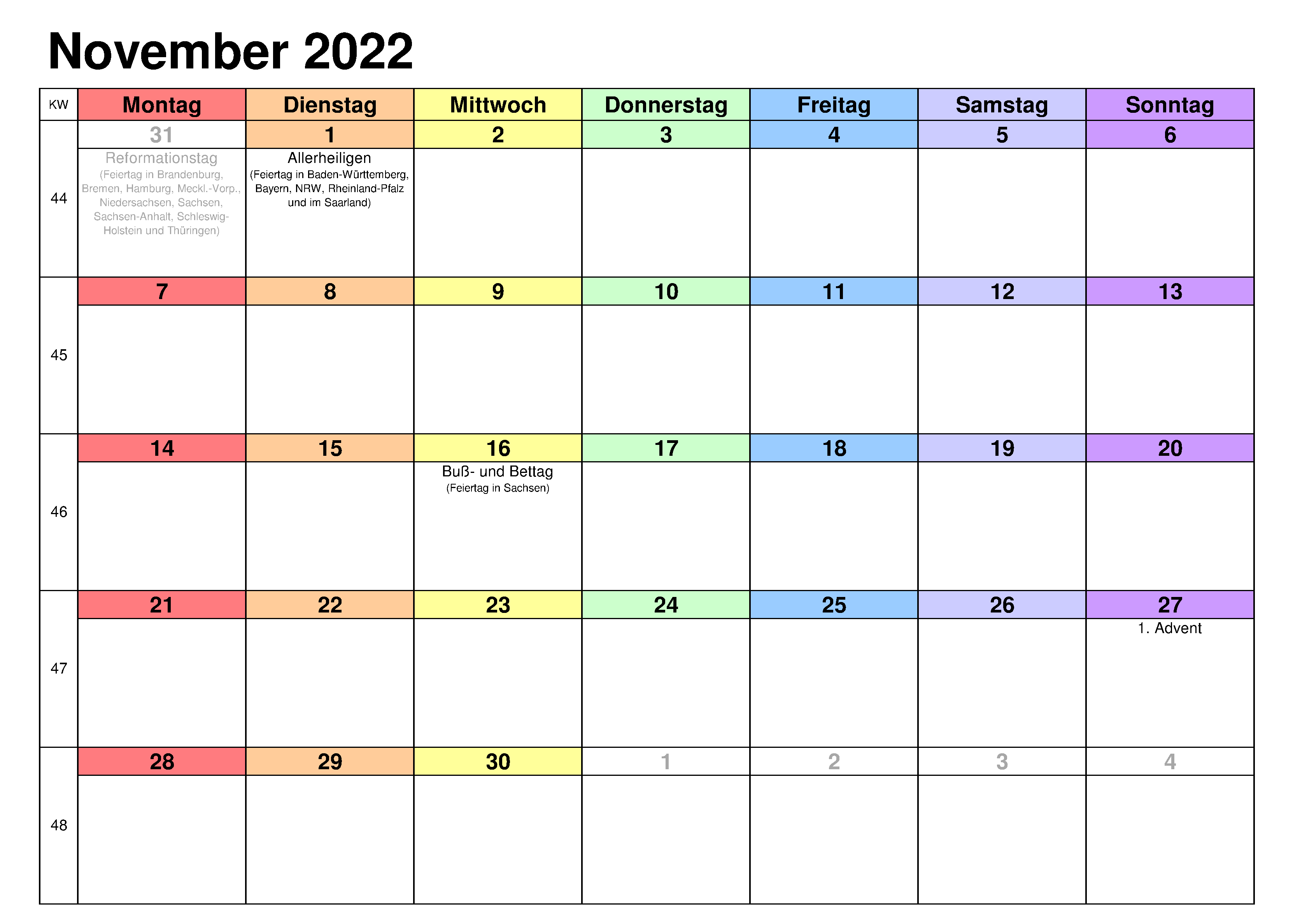 Kalender November 2022 Notizen