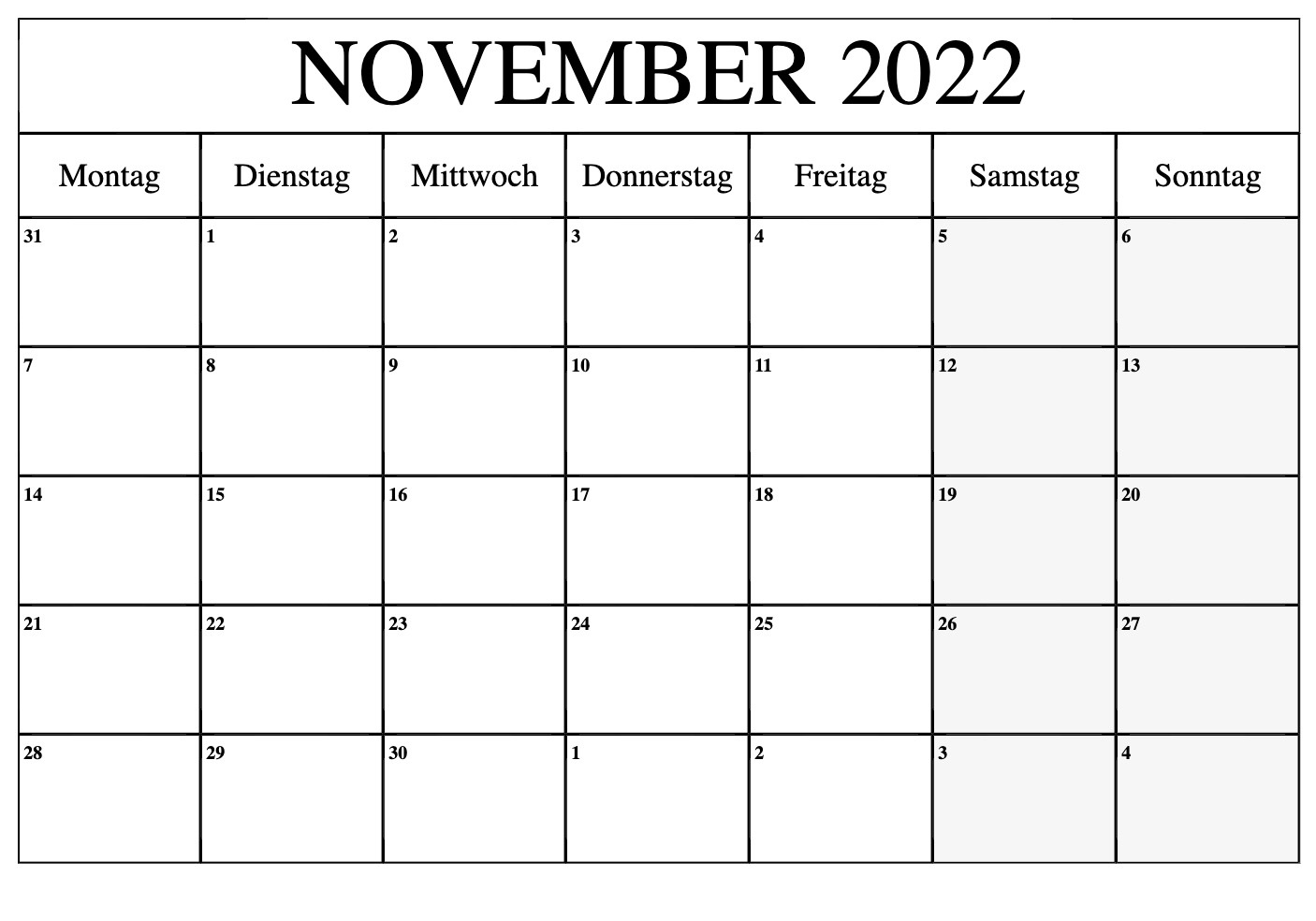 Kalender November 2022 Schwarzweiß