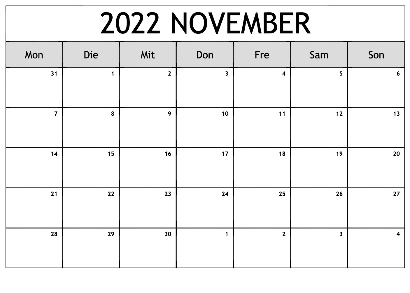 Kalender November 2022 Tabelle