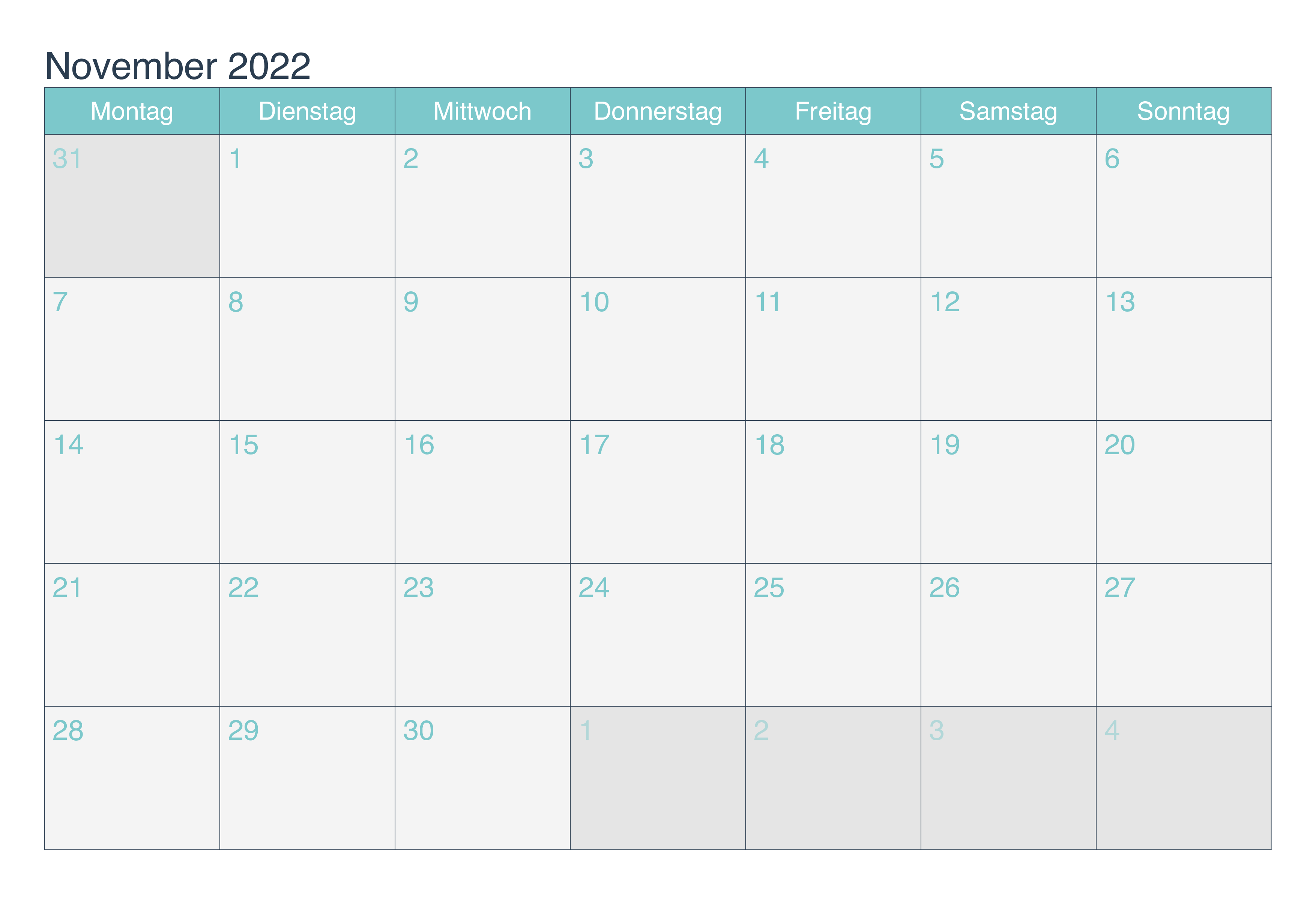 Kalender November 2022 Tabelle