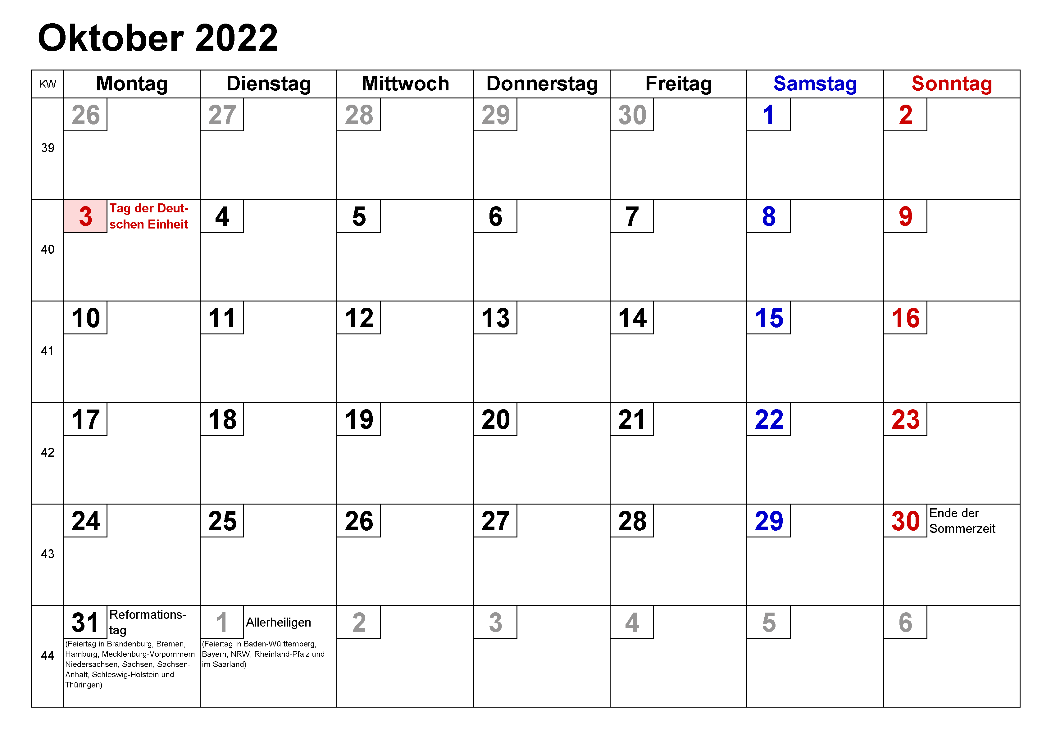 Kalender Oktober 2022 Mit Feiertagen Stile