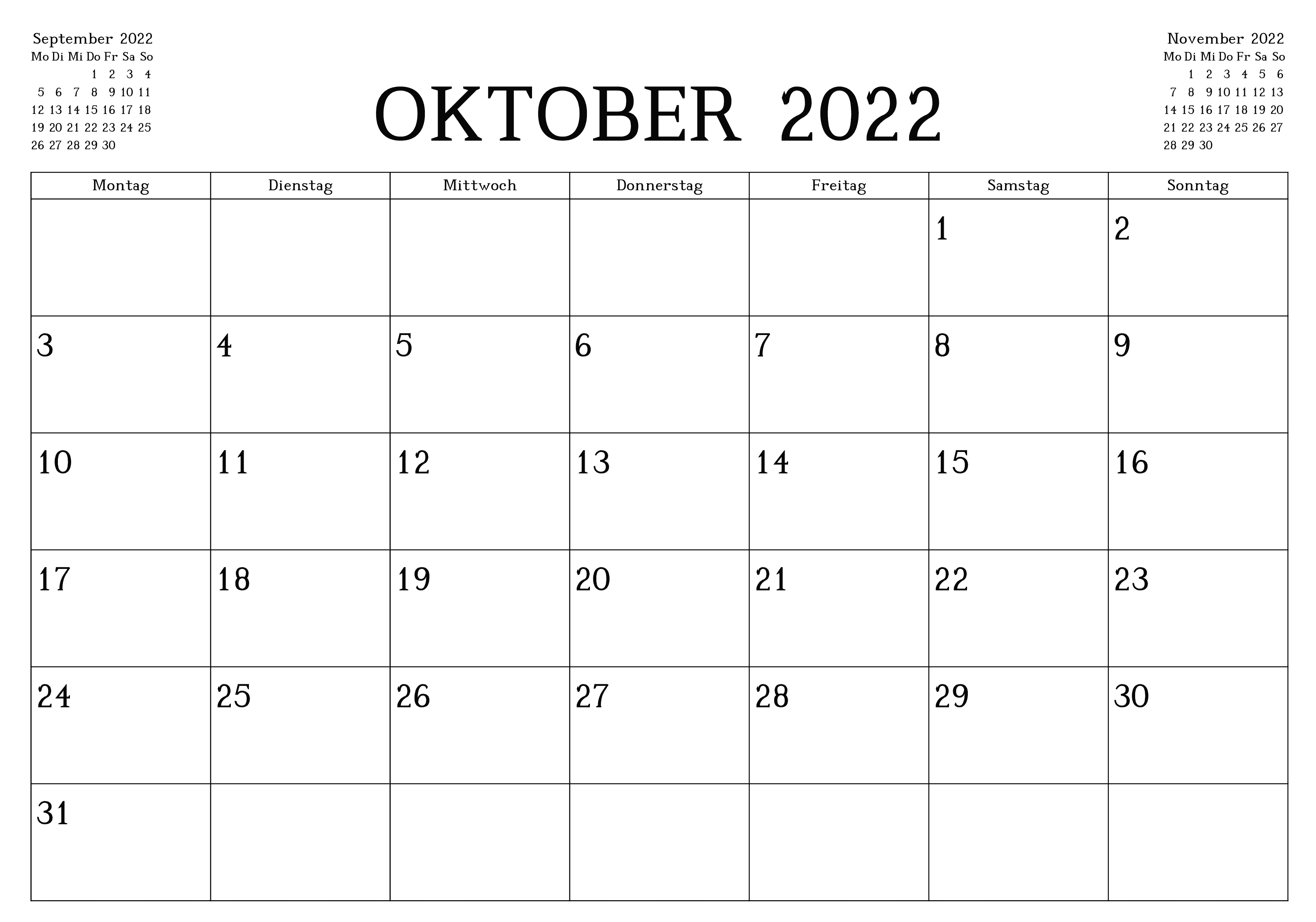 Kalender Oktober 2022 Mit Feiertagen Zeitplan