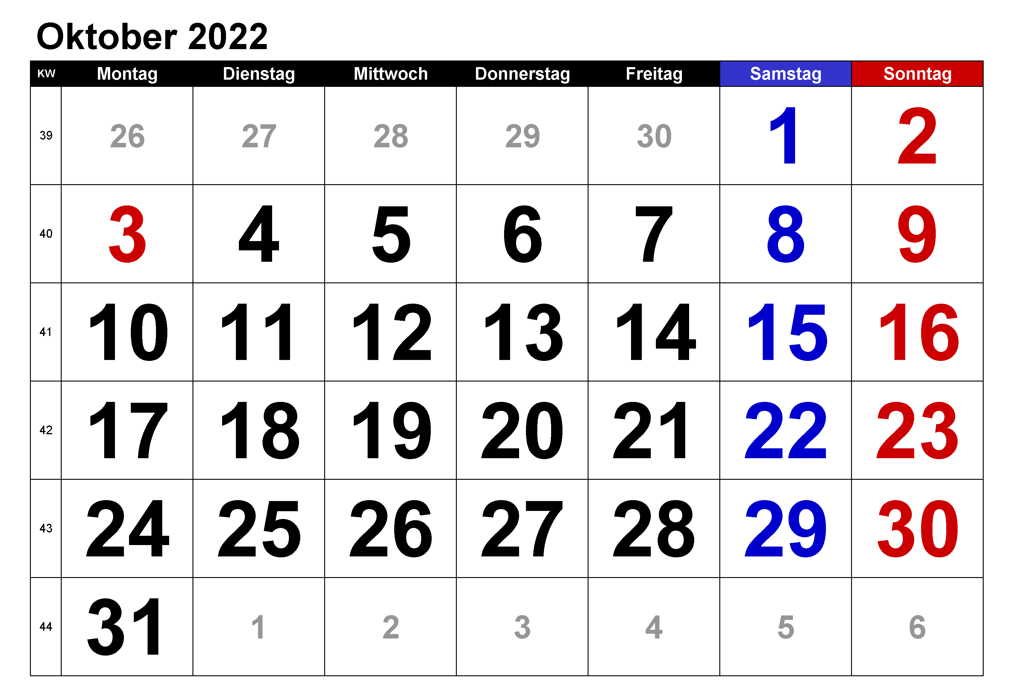 Kalender Oktober 2022 Mit Feiertagen