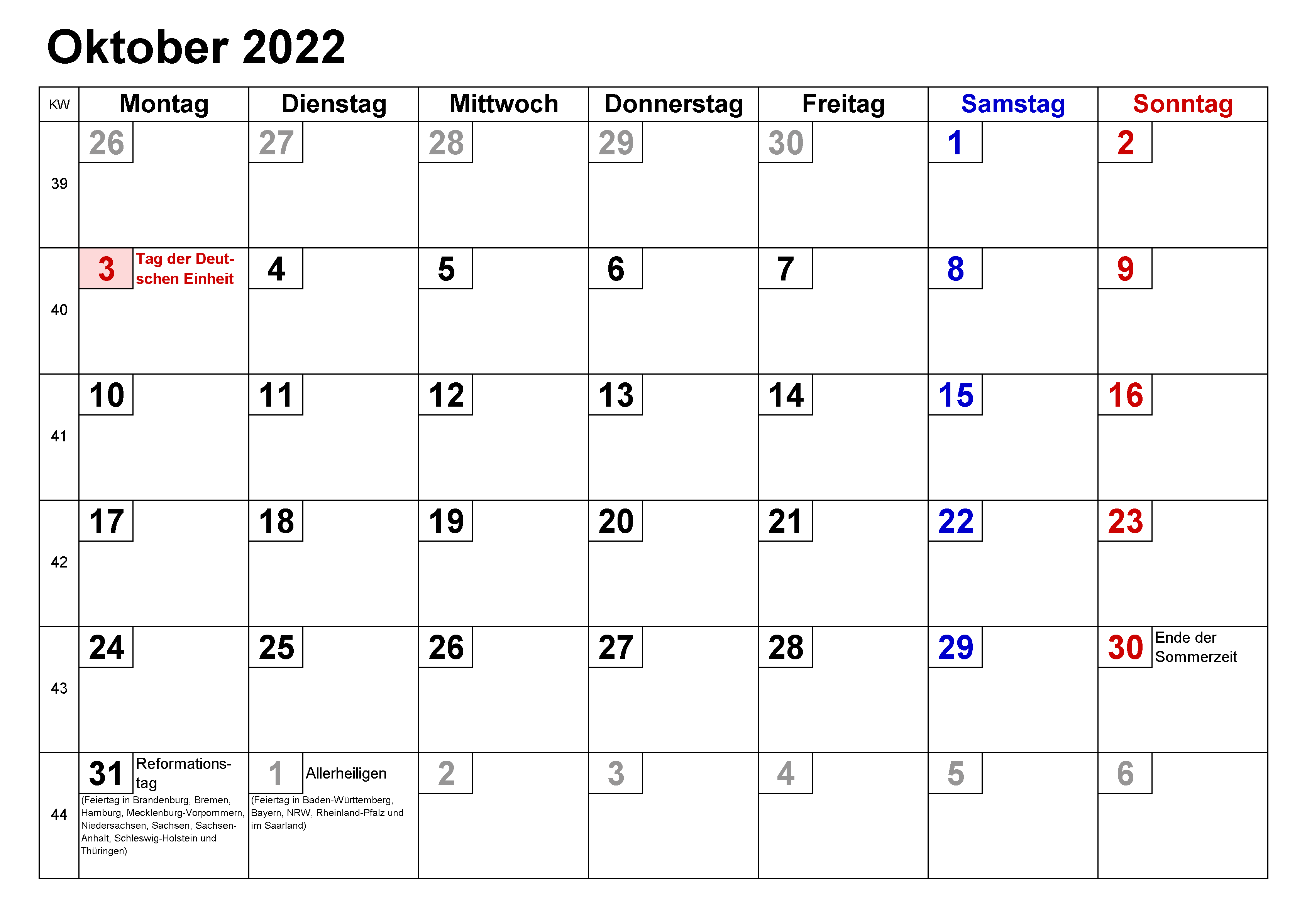 Kalender Oktober 2022 Zum Ausdrucken Monats