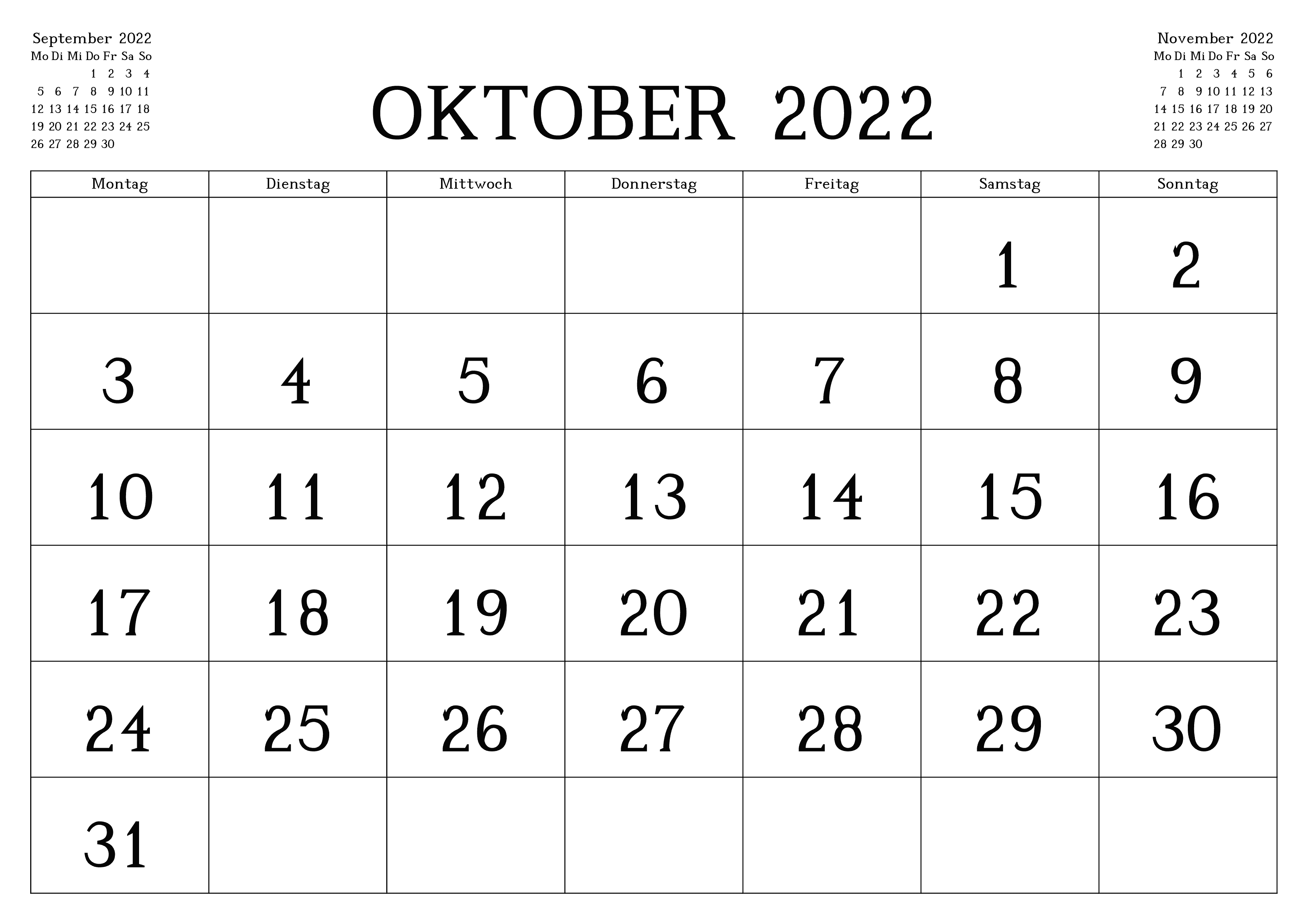 Kalender Oktober Zum Ausdrucken 2022