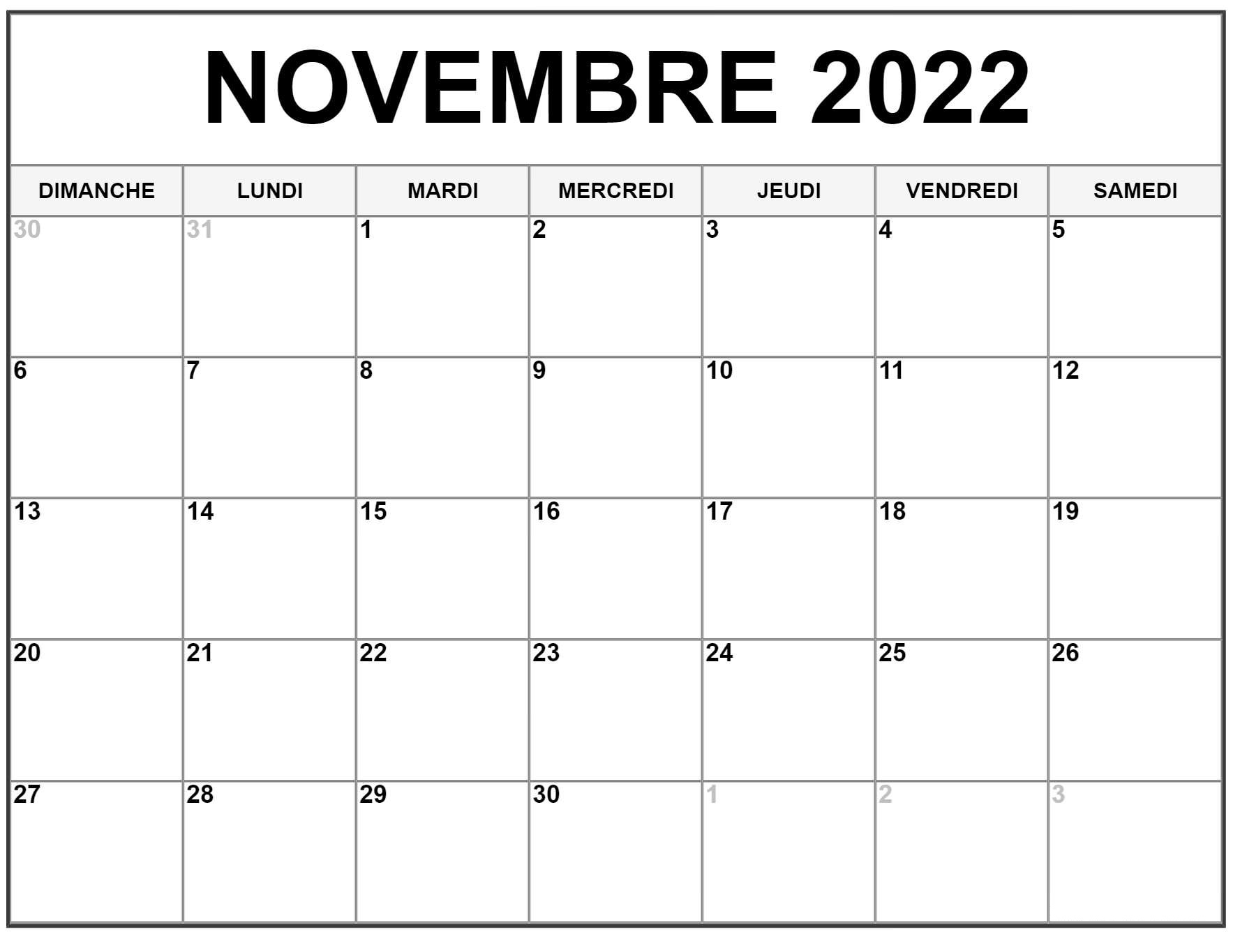 Novembre 2022 Calendrier Vacances