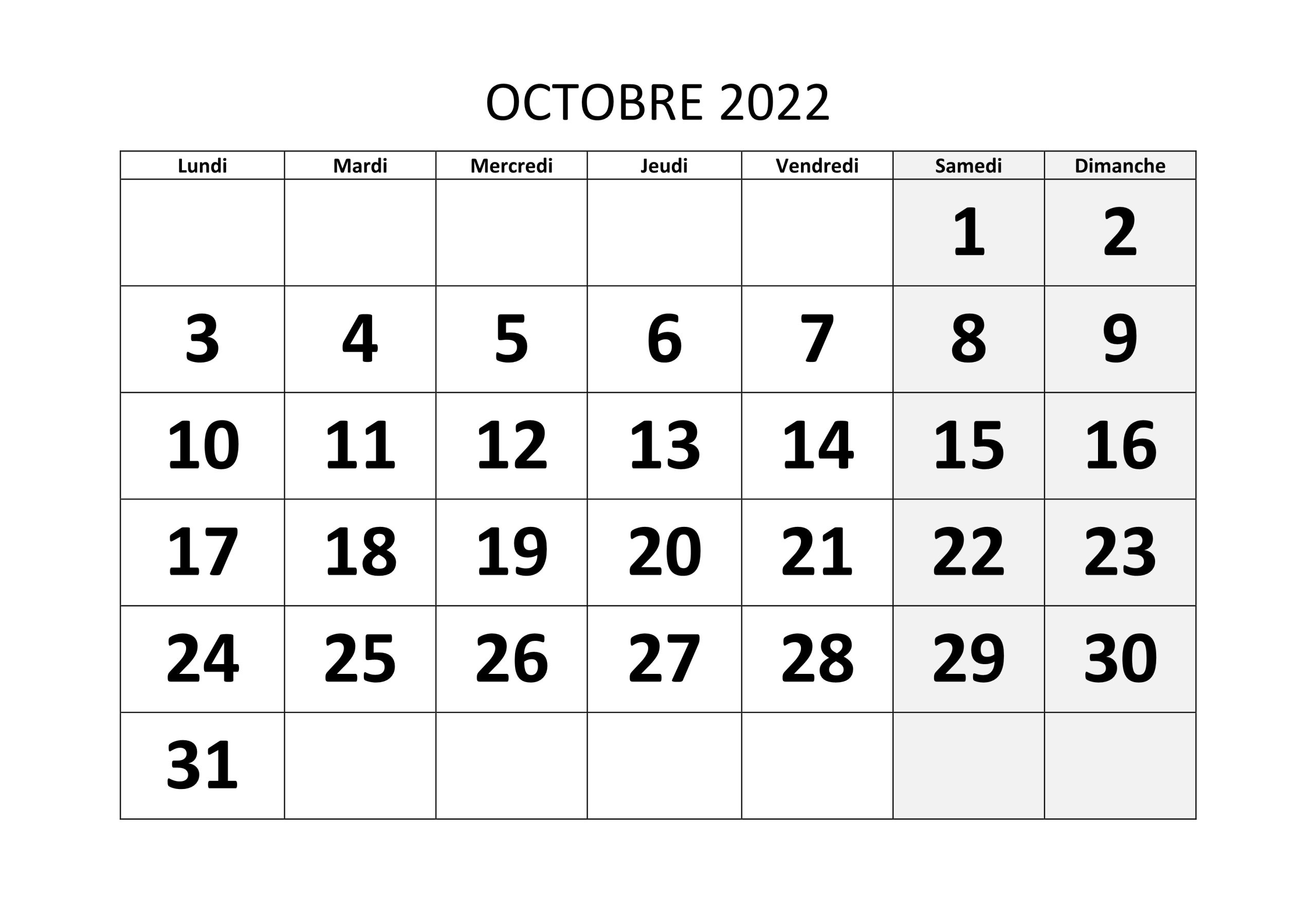 Octobre 2022 Calendrier