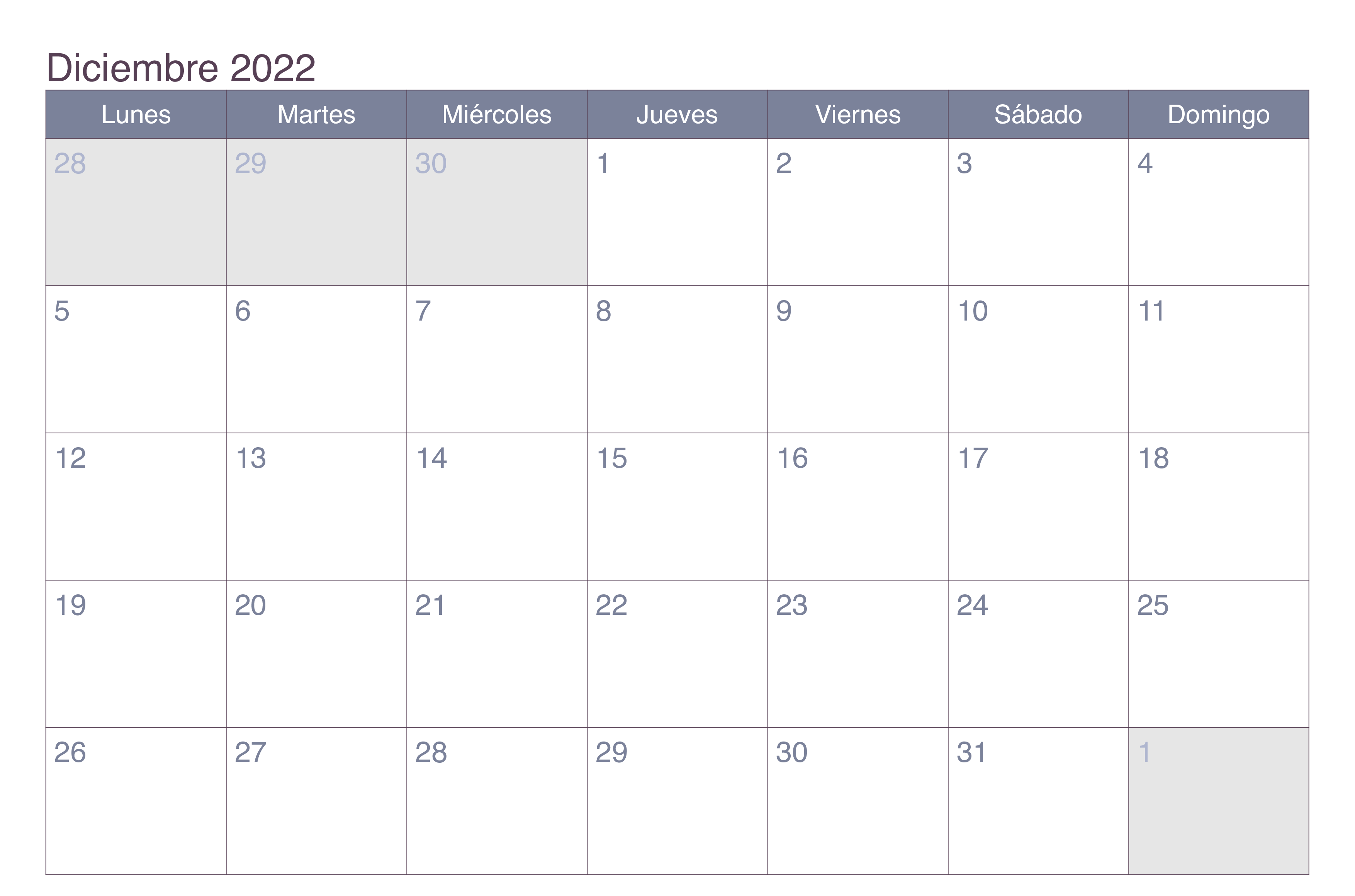 2022 Calendario Diciembre Chile
