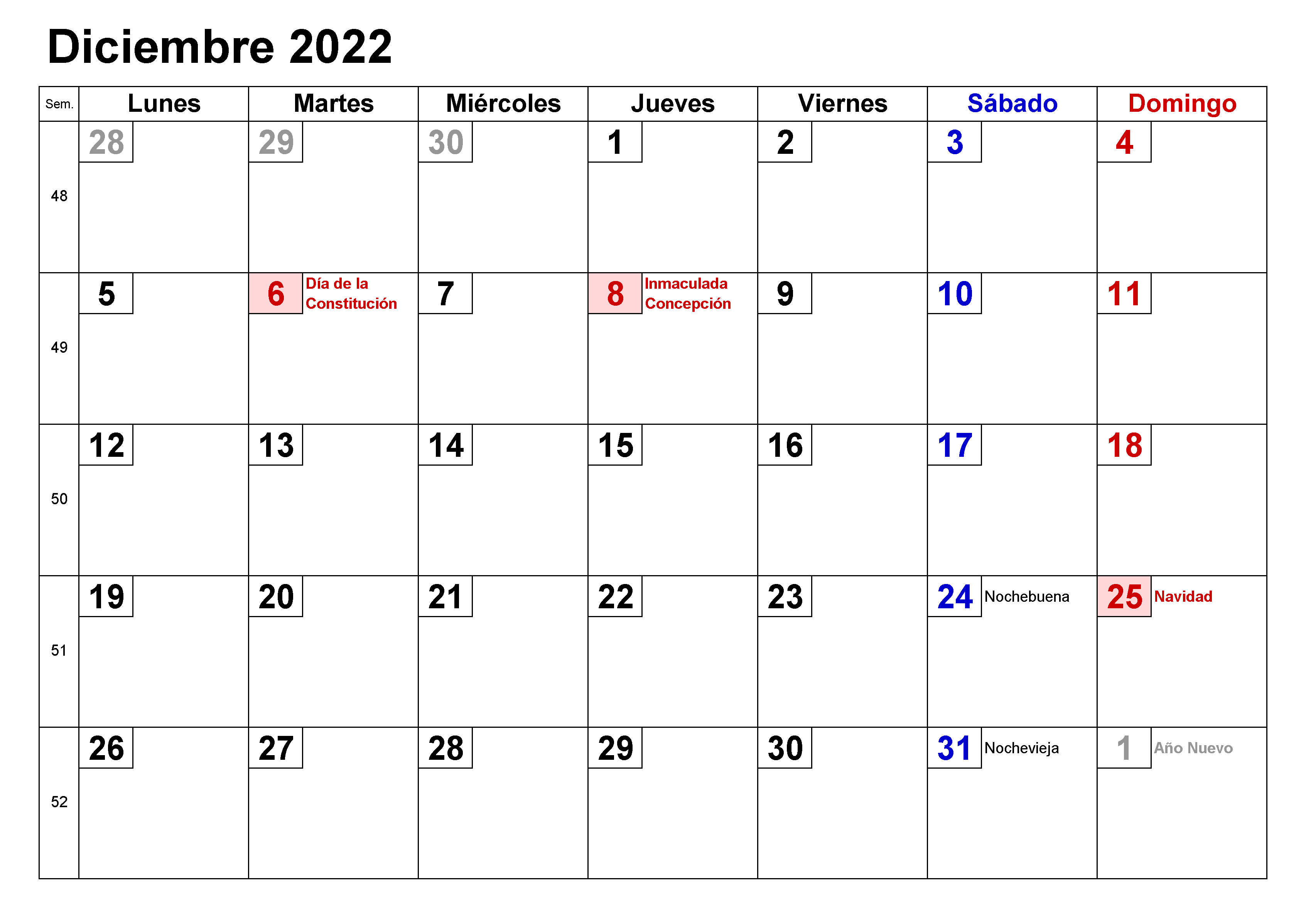 2022 Calendario Diciembre Con Festivos