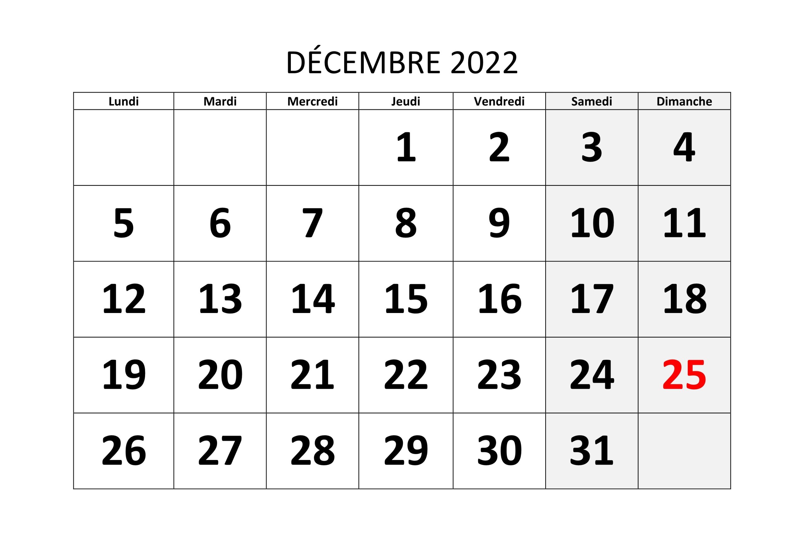 2022 Décembre Calendrier