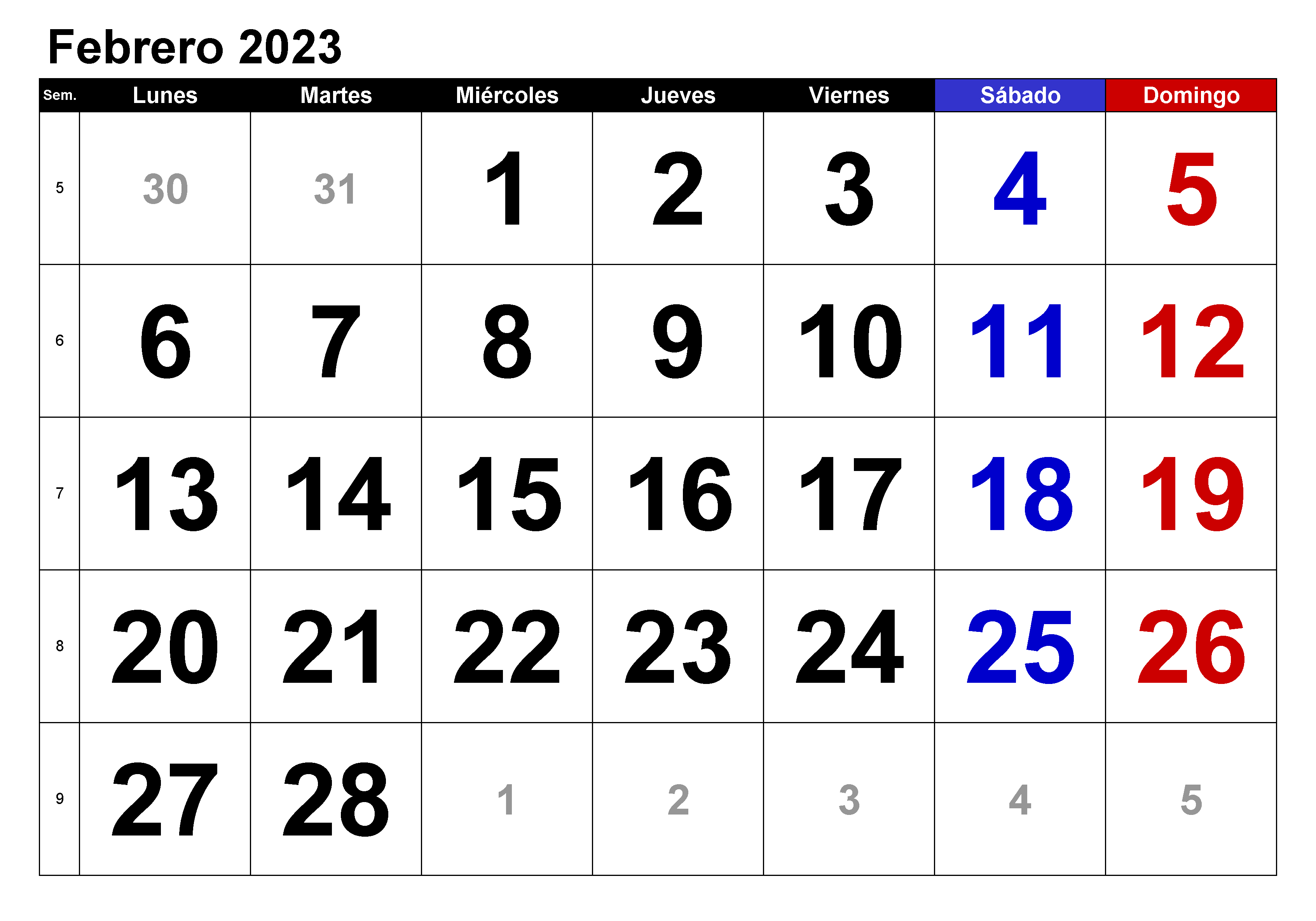 2023 Calendario Febrero Chile