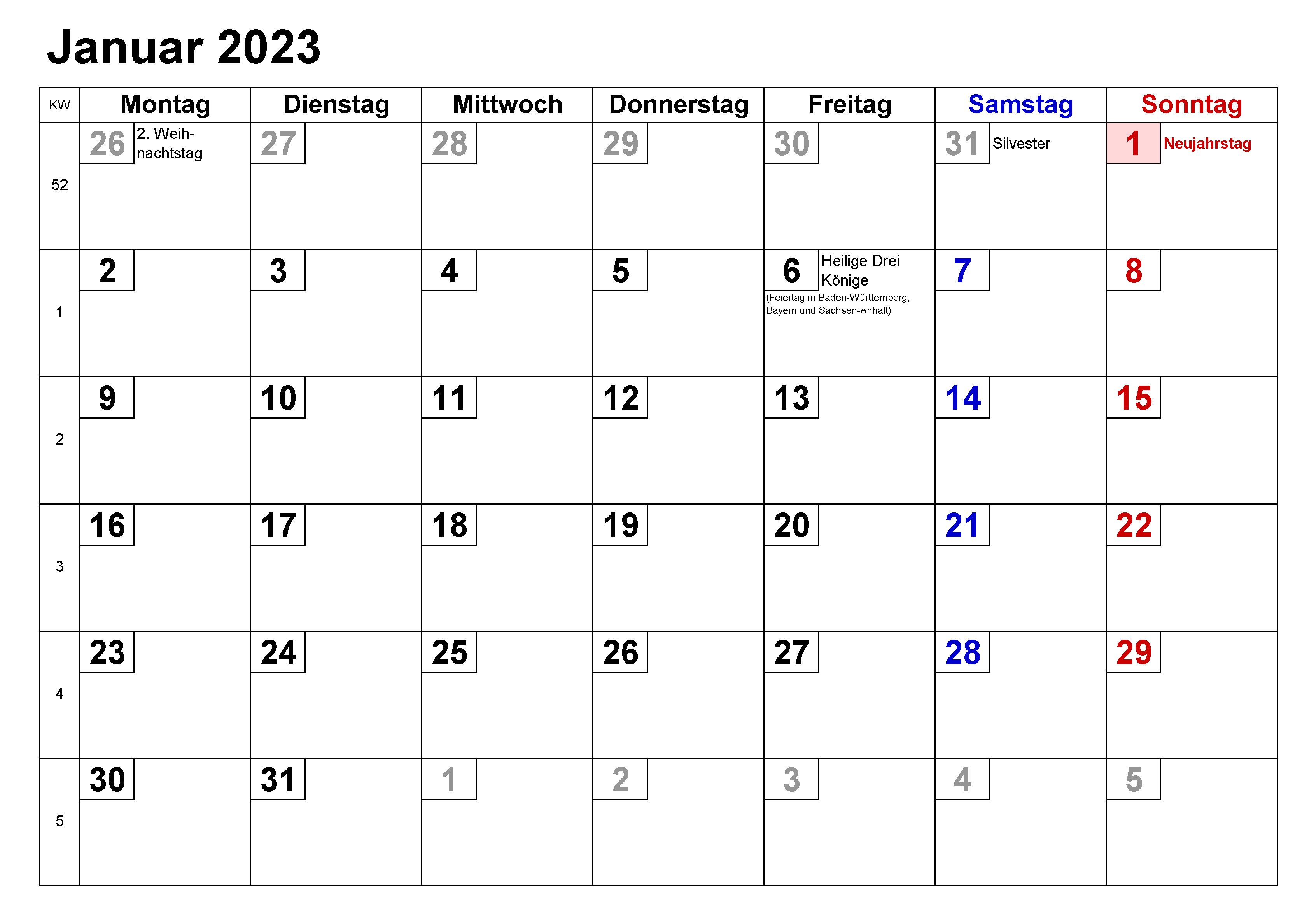 2023 Kalender Januar Mit Feiertagen