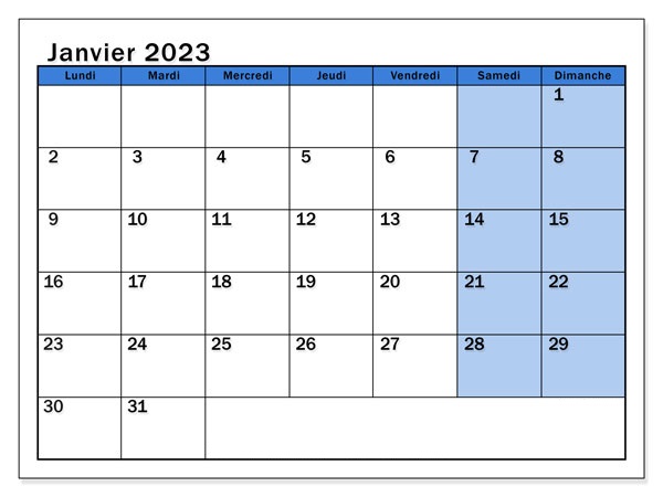 Blanc Calendrier 2023 Janvier