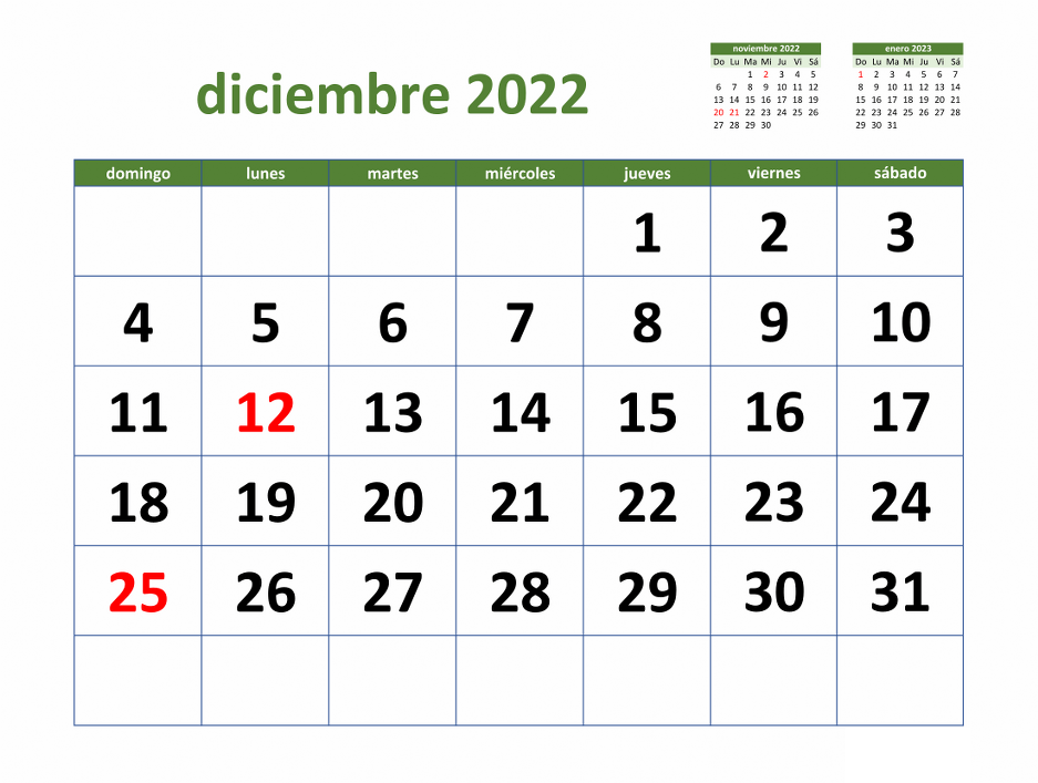 Calendario 2022 Diciembre Chile