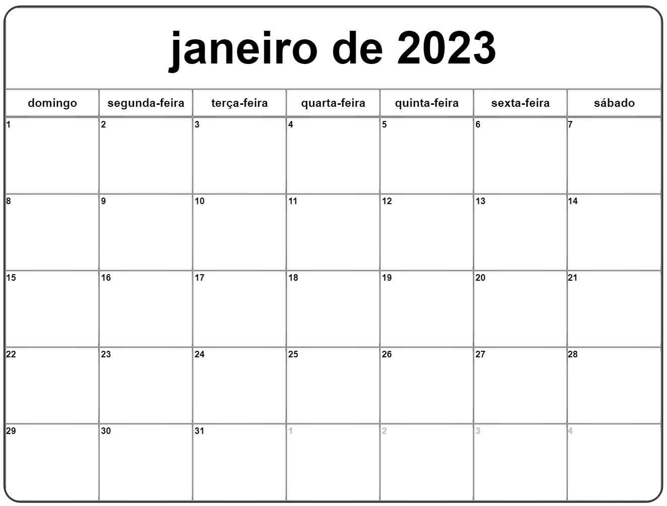 Calendário 2023 Janeiro Gratuito