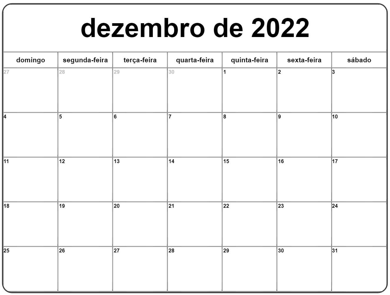 Calendário Dezembro 2022 Mês