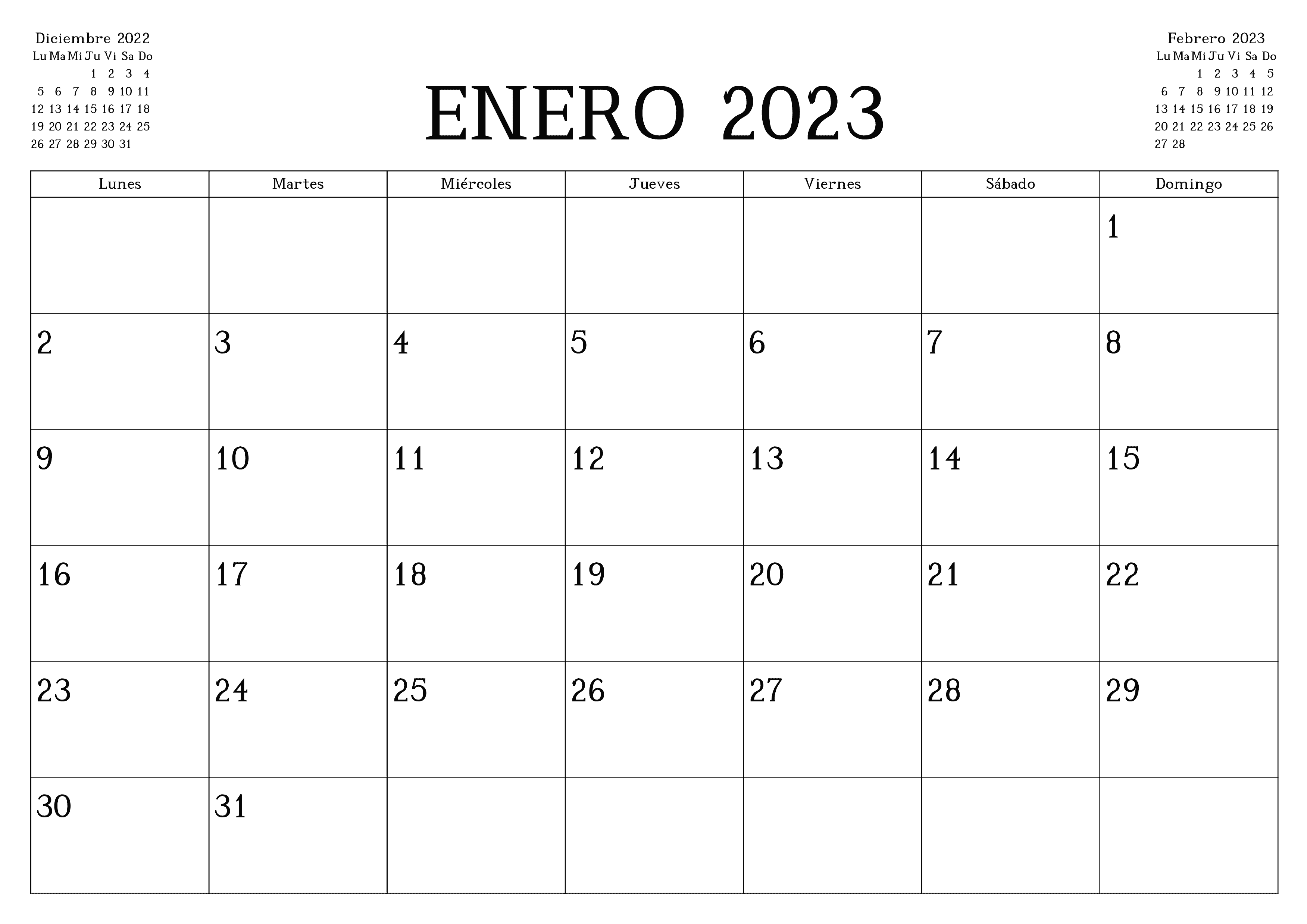 Calendario Enero 2023 Chile