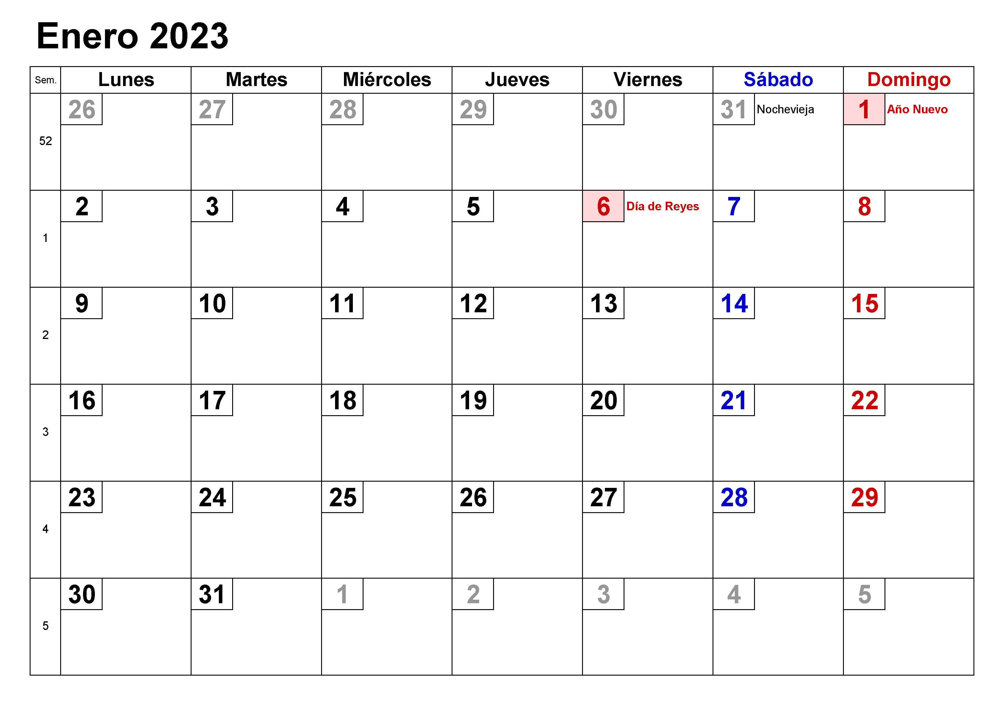 Calendario Enero 2023 Mensual