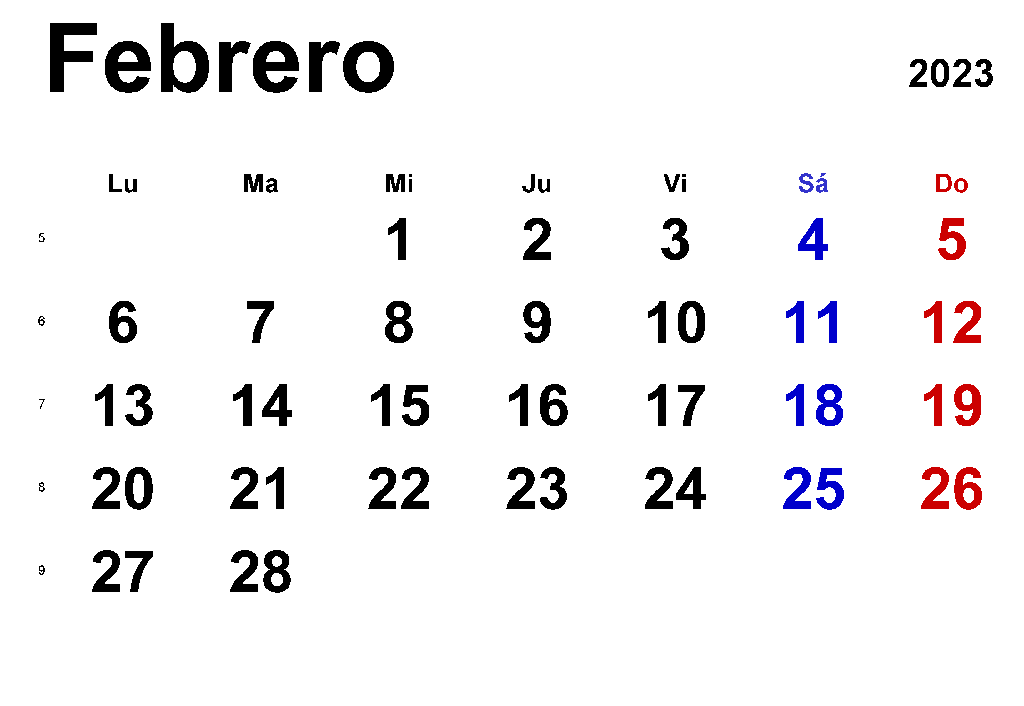 Calendario Febrero 2023 Mensual