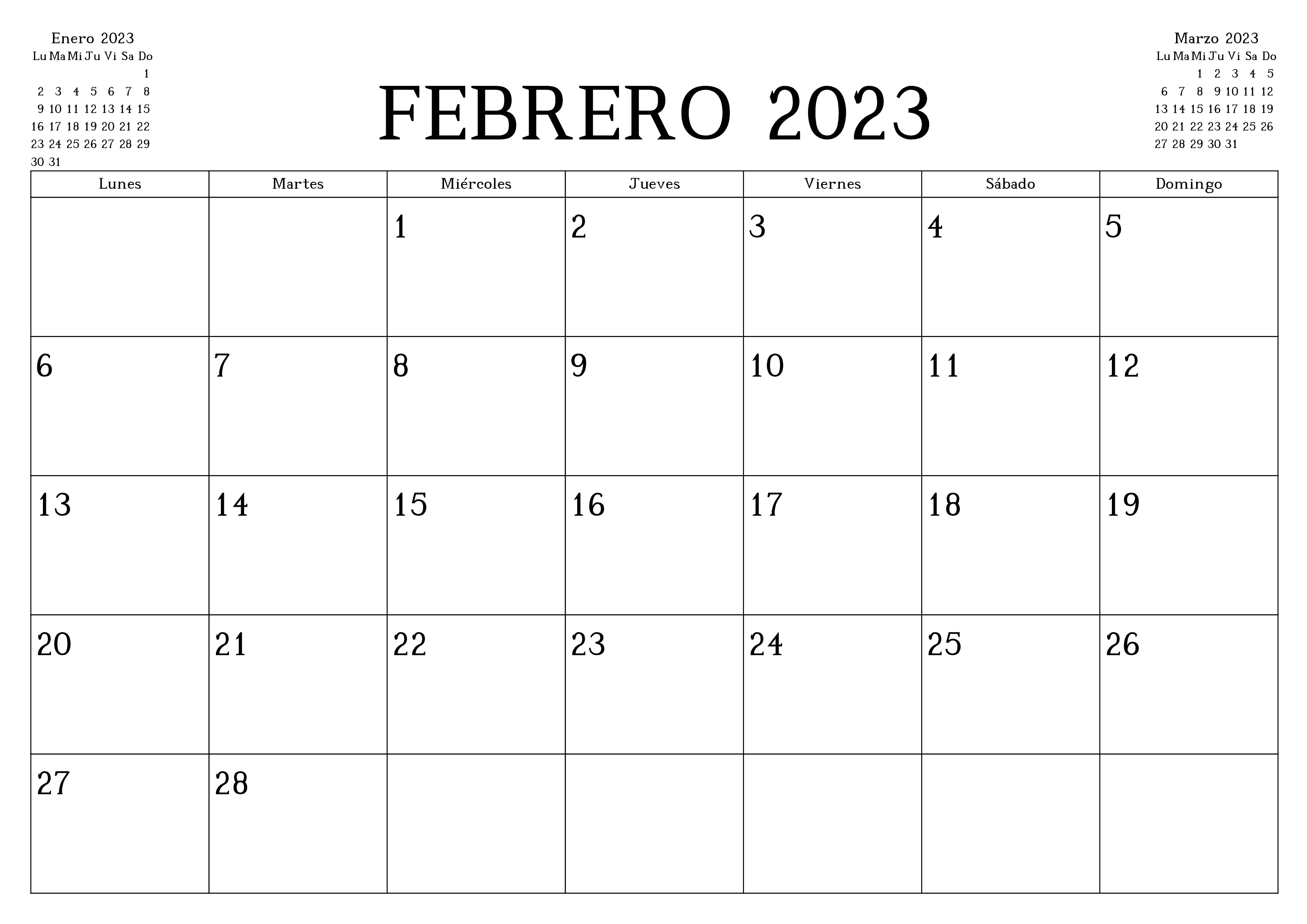 Calendario Febrero 2023 Para Imprimir