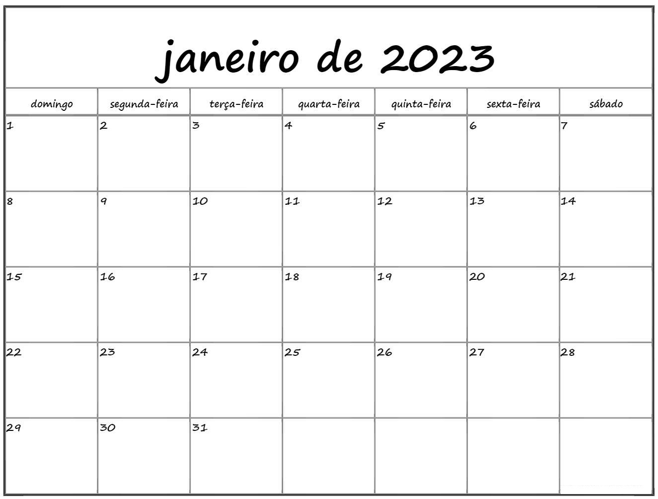 Calendário Janeiro 2023 Para Imprimir