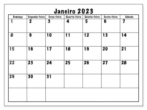 Calendário Janeiro 2023