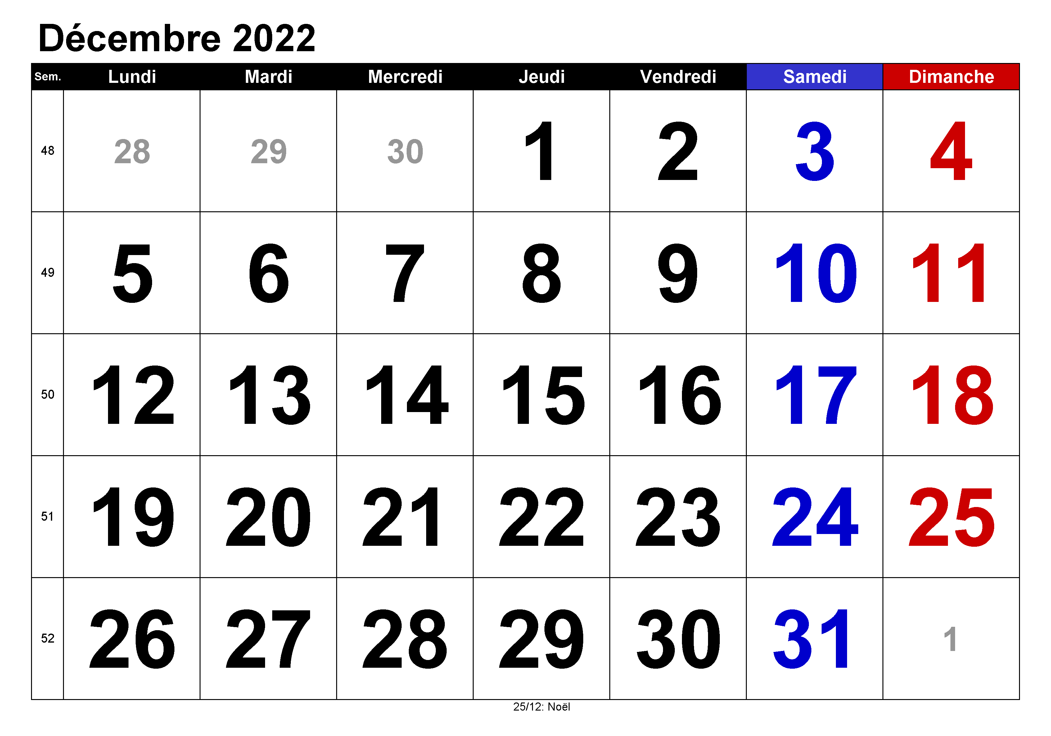 Calendrier 2022 Décembre