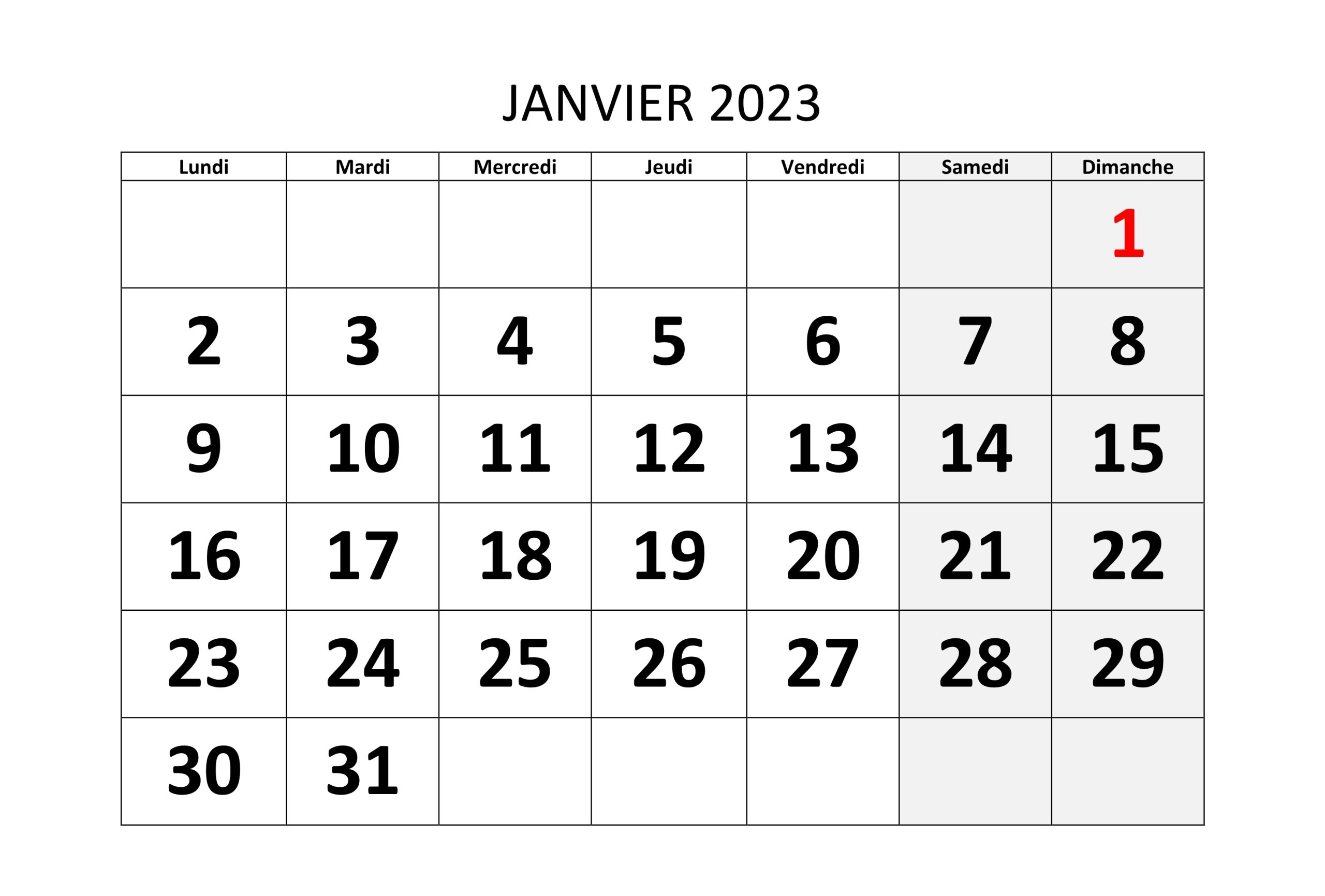 Calendrier Janvier 2023 À Imprimer