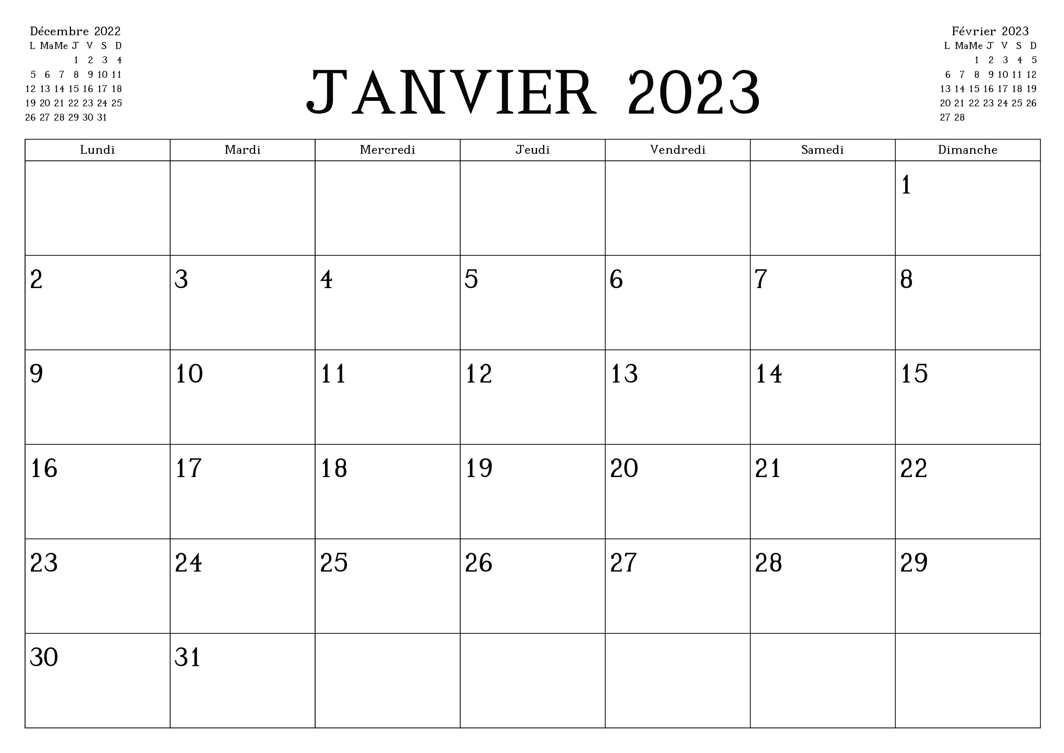 Calendrier Janvier 2023 À Imprimer