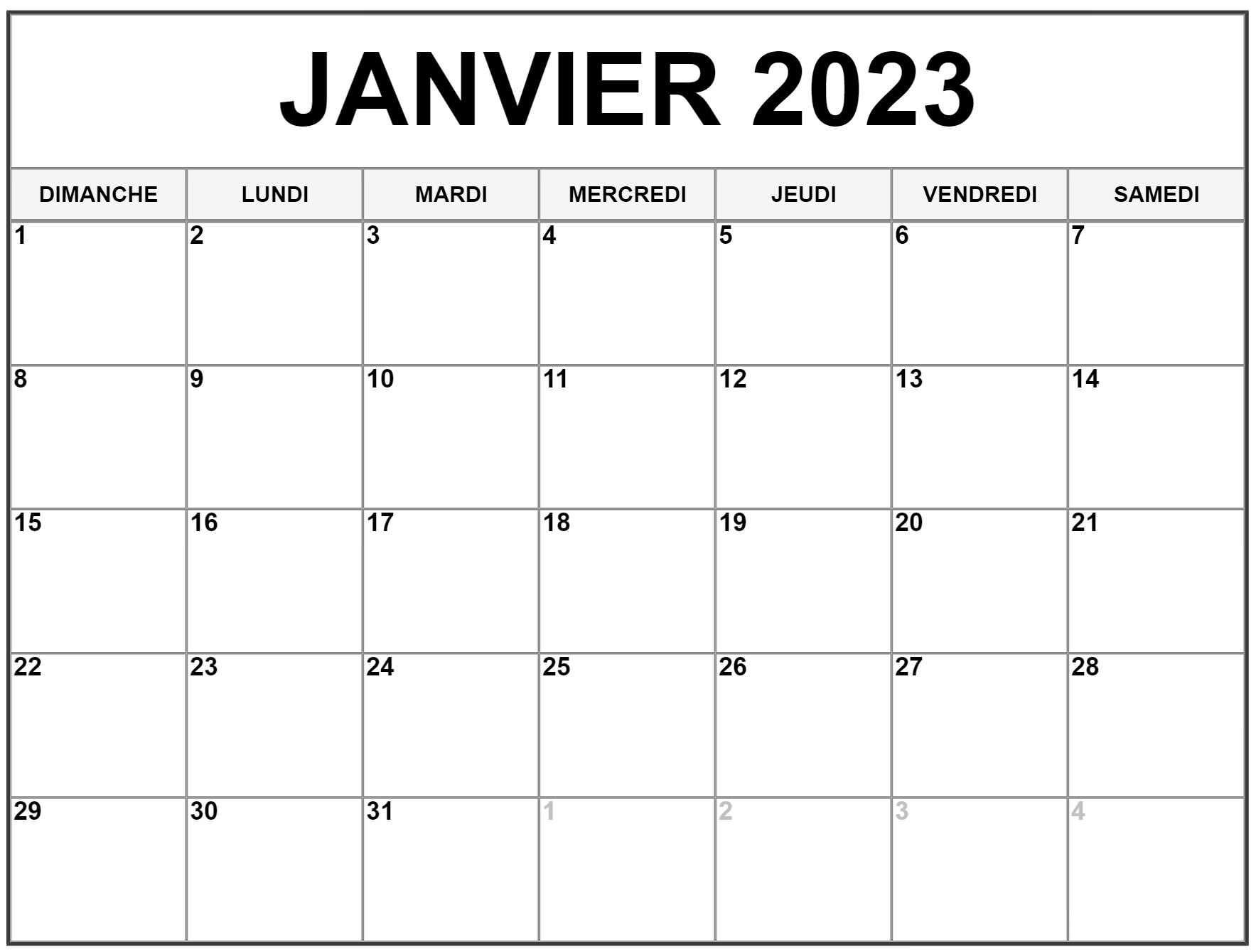 Calendrier Janvier 2023