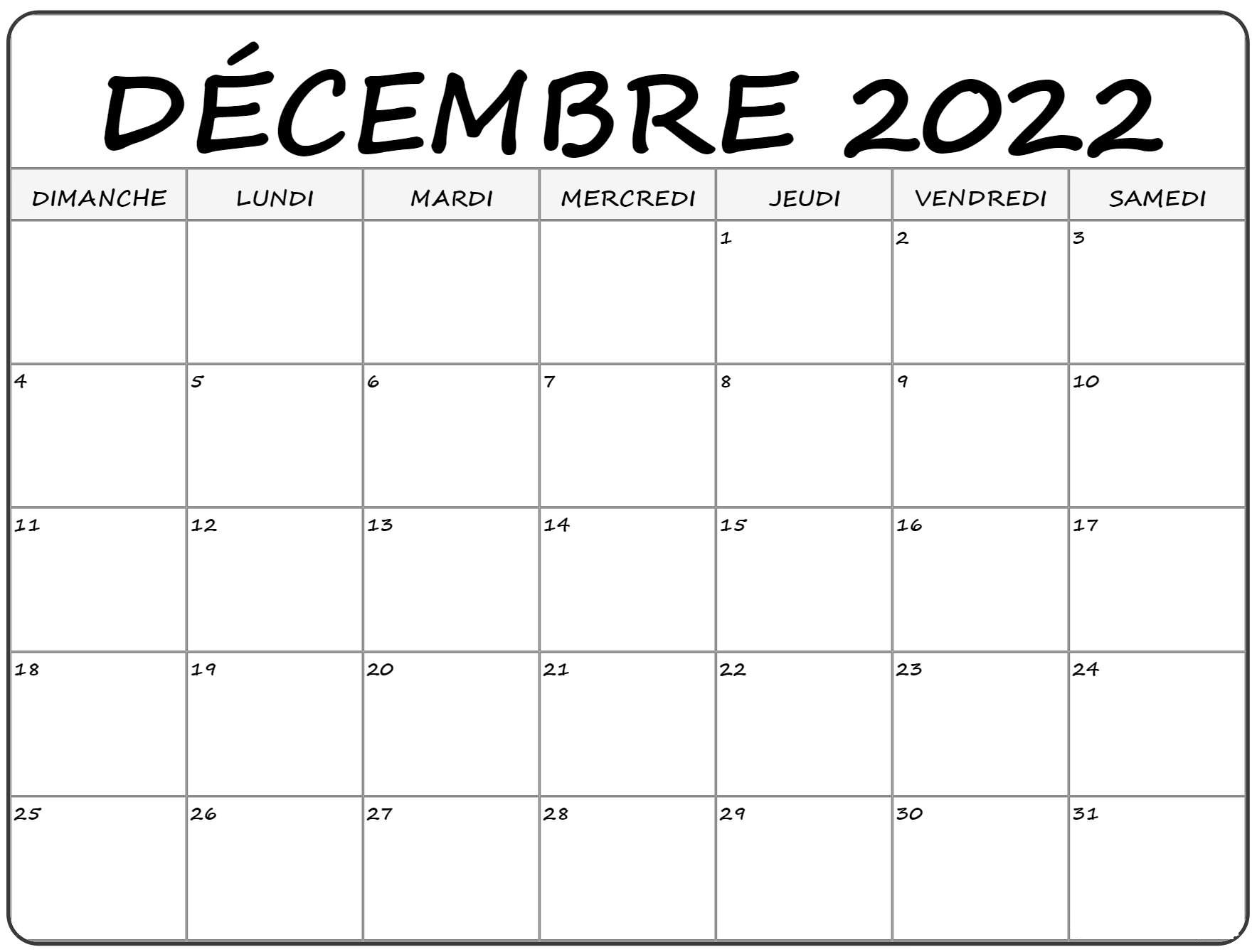Decembre Calendrier 2022 Vacances