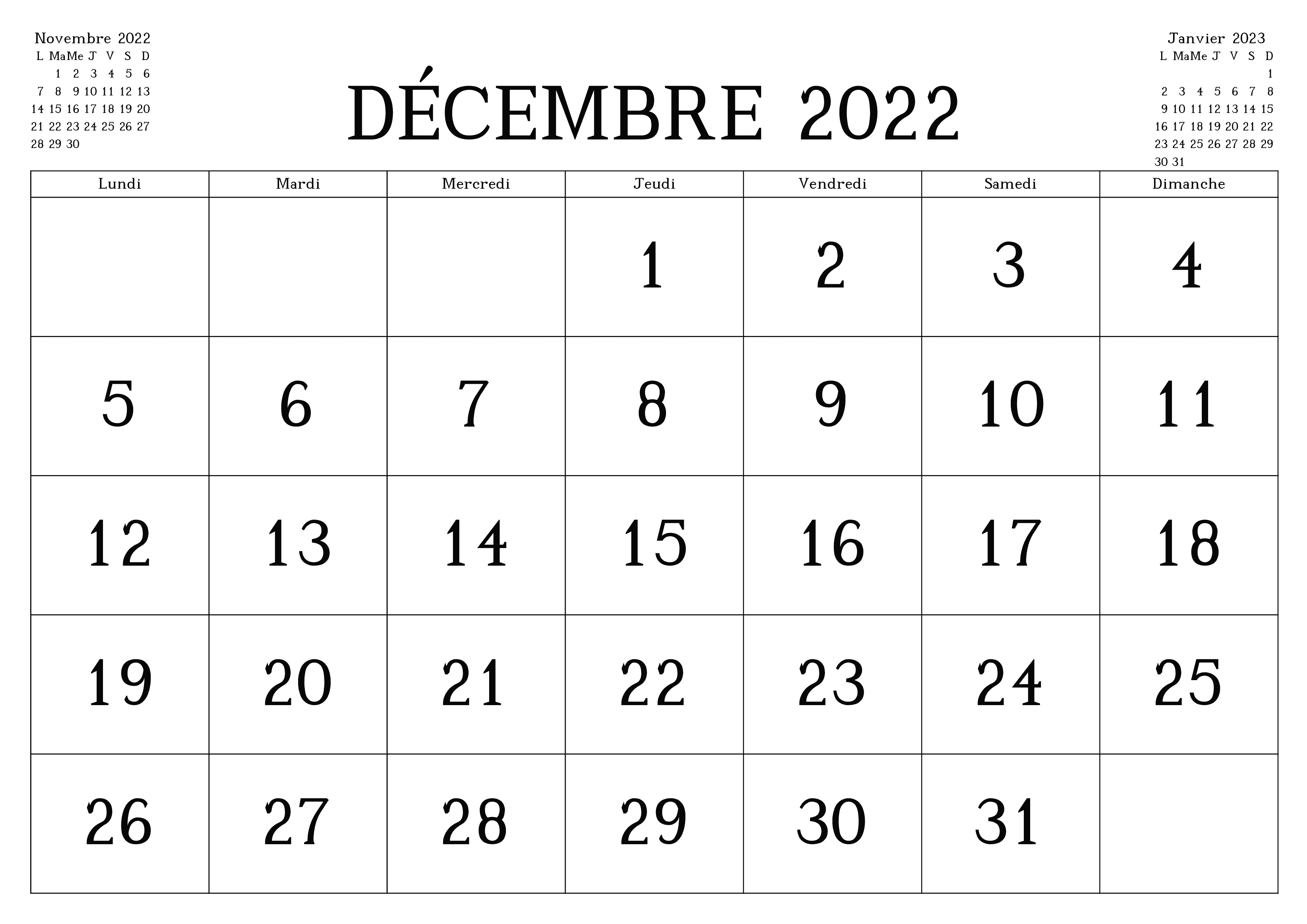 Décembre Calendrier 2022