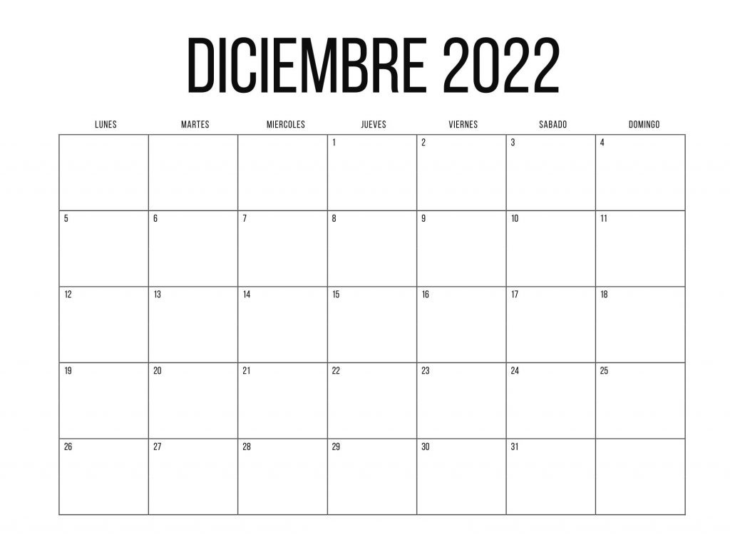 Diciembre 2022 Calendario Mensual