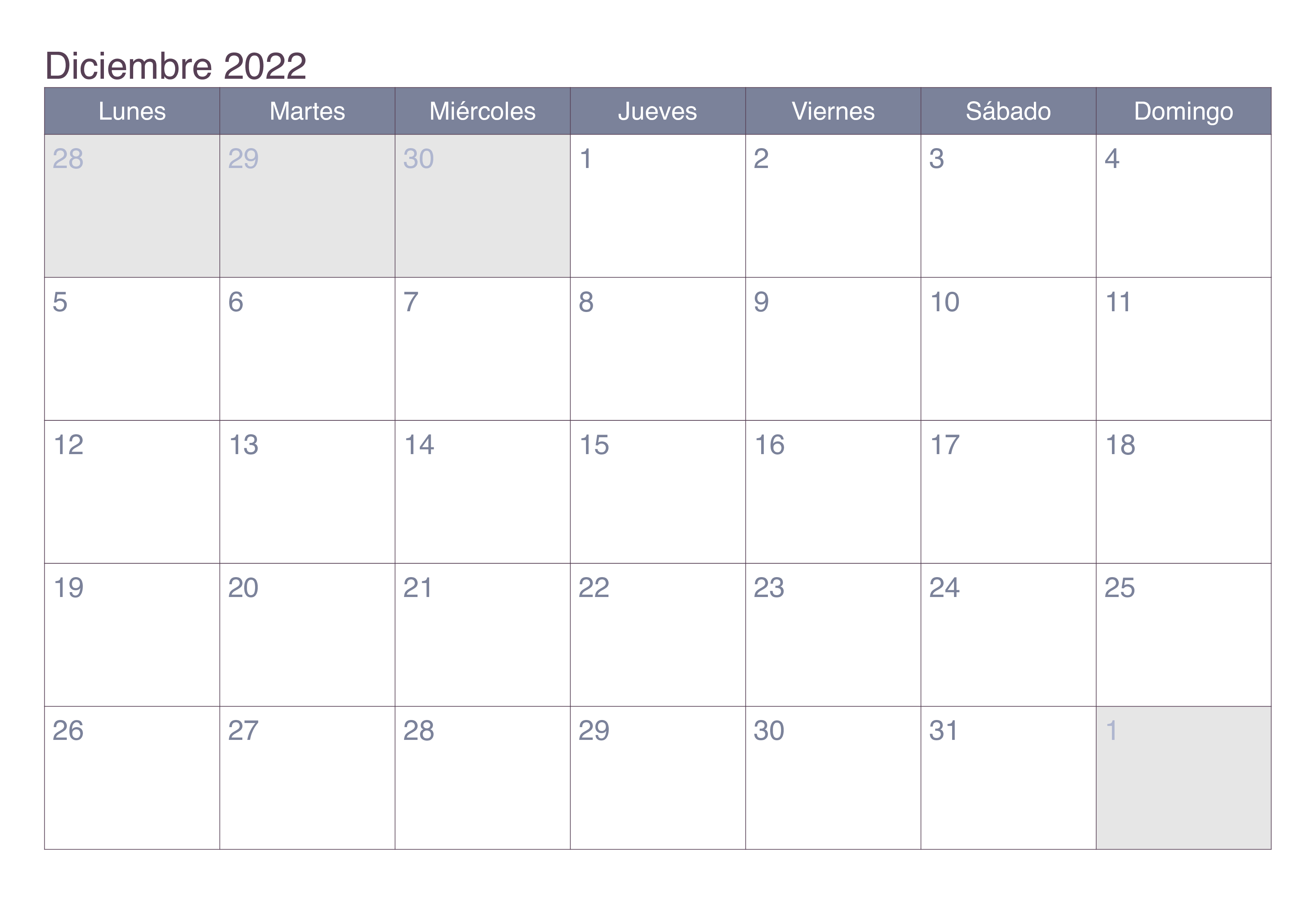 Diciembre 2022 Calendario Vacaciones