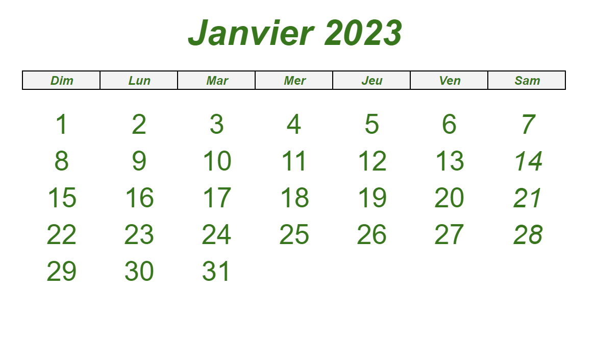 Janvier Calendrier 2023 Mensuel