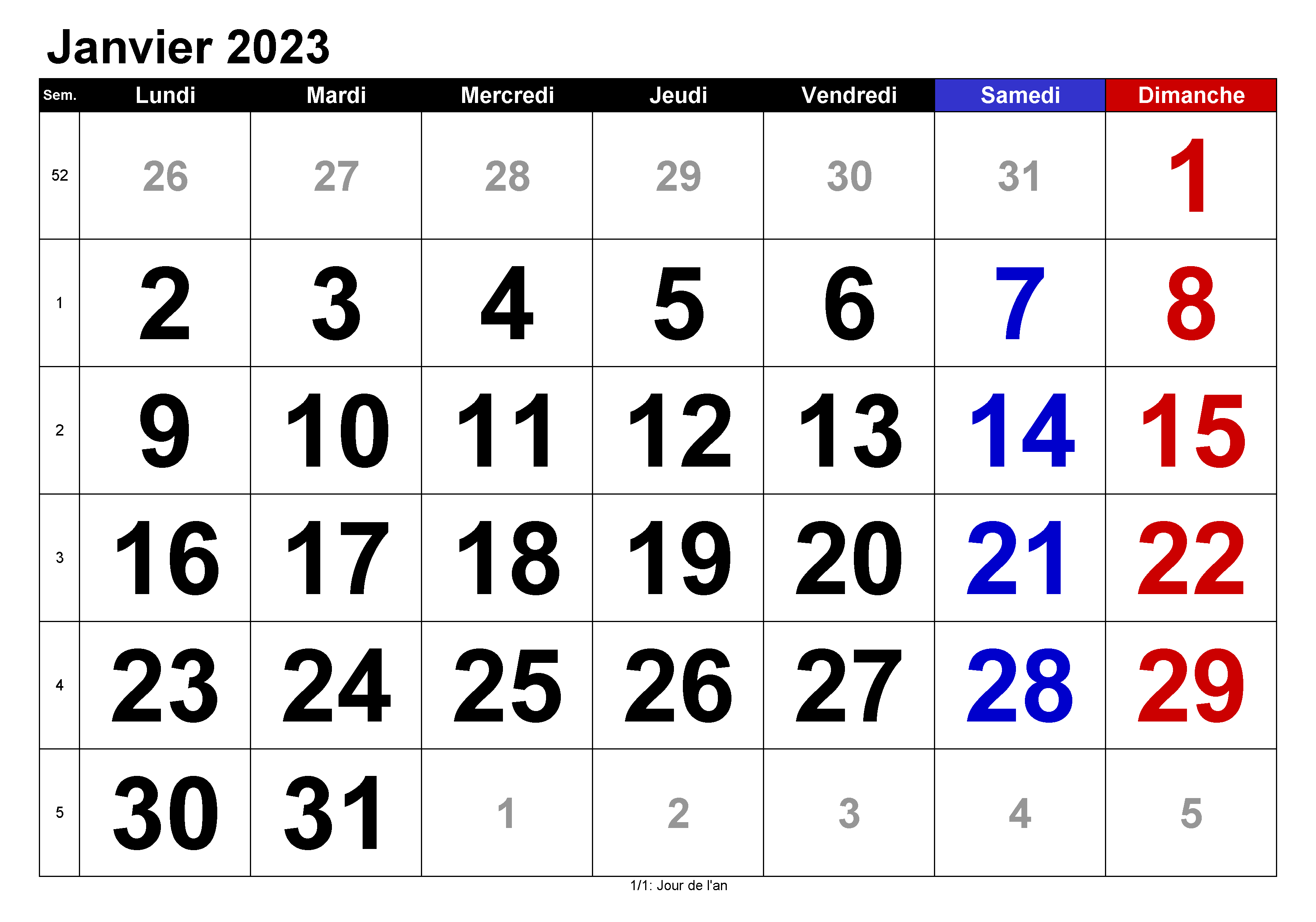 Janvier Calendrier 2023