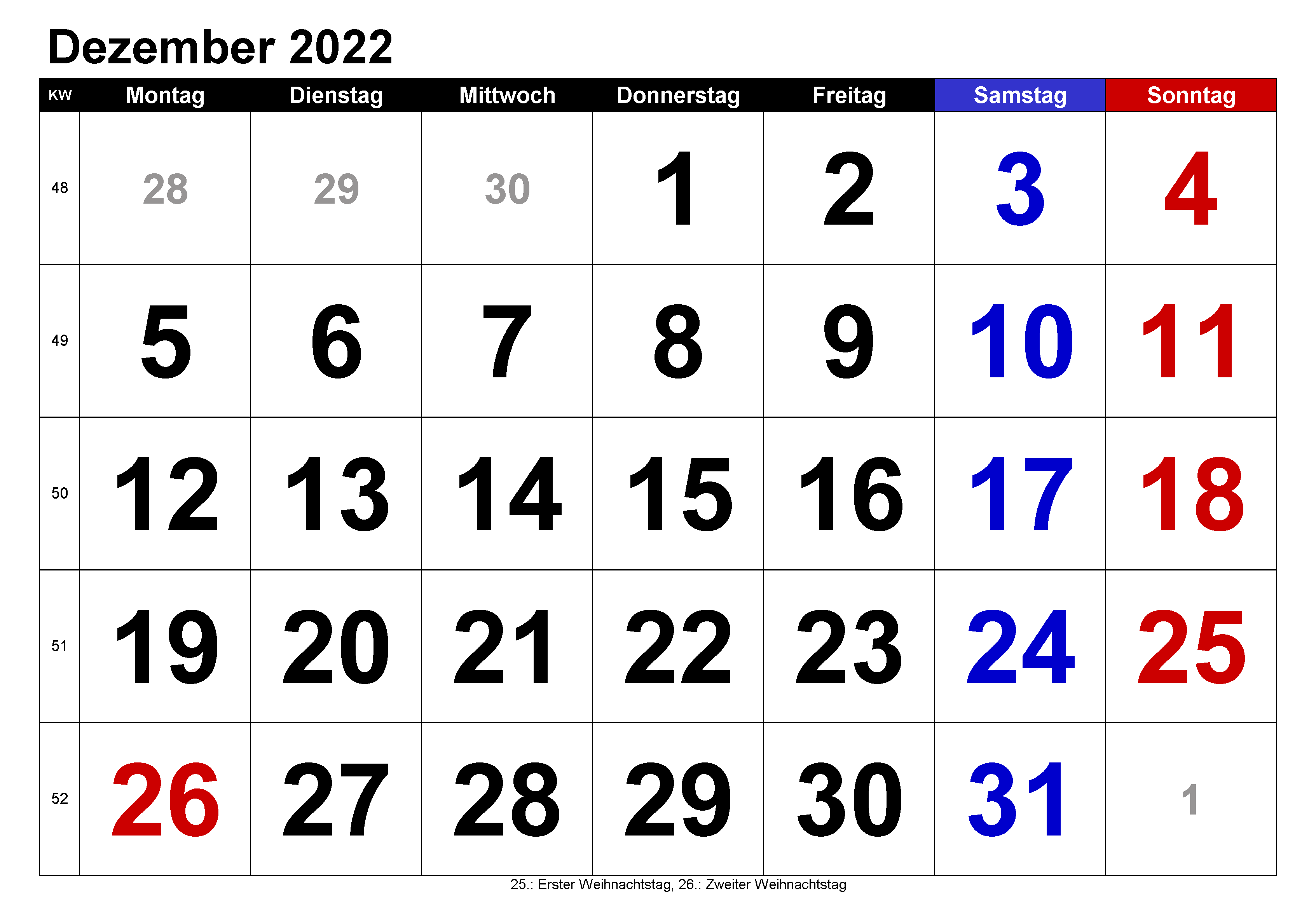Kalender 2022 Dezember Mit Feiertagen