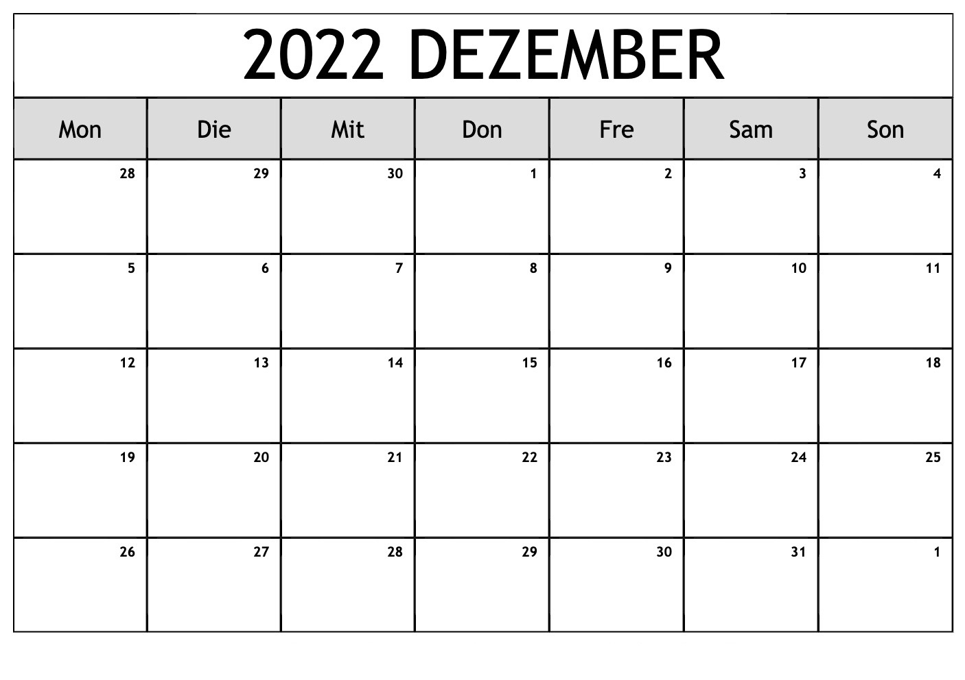 Kalender Dezember 2022 Mit Feiertagen