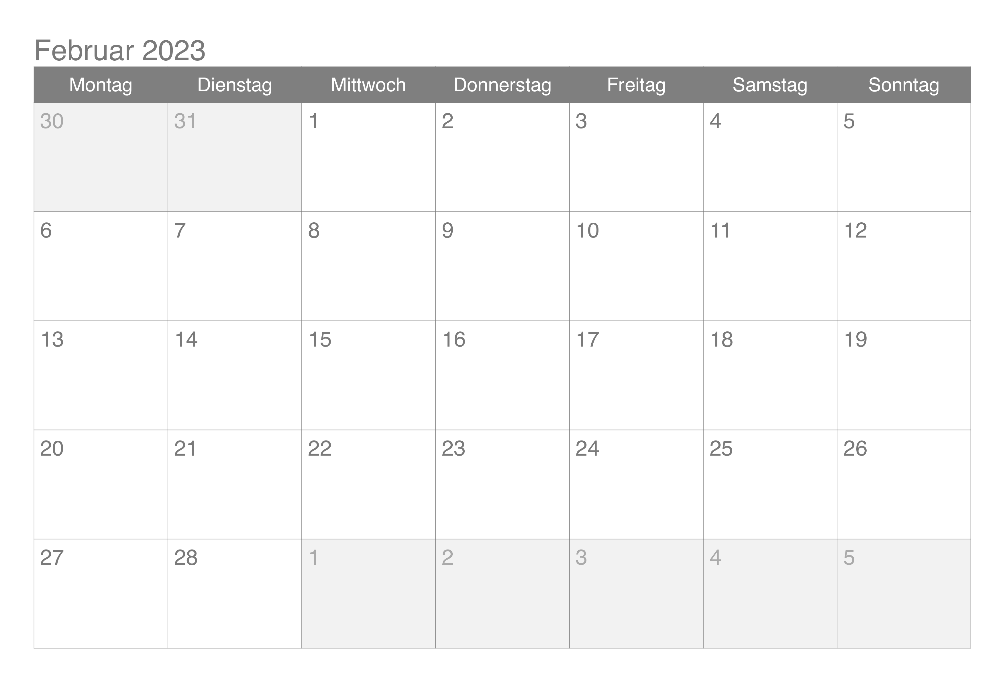 Kalender Februar 2023 Schwarzweiß