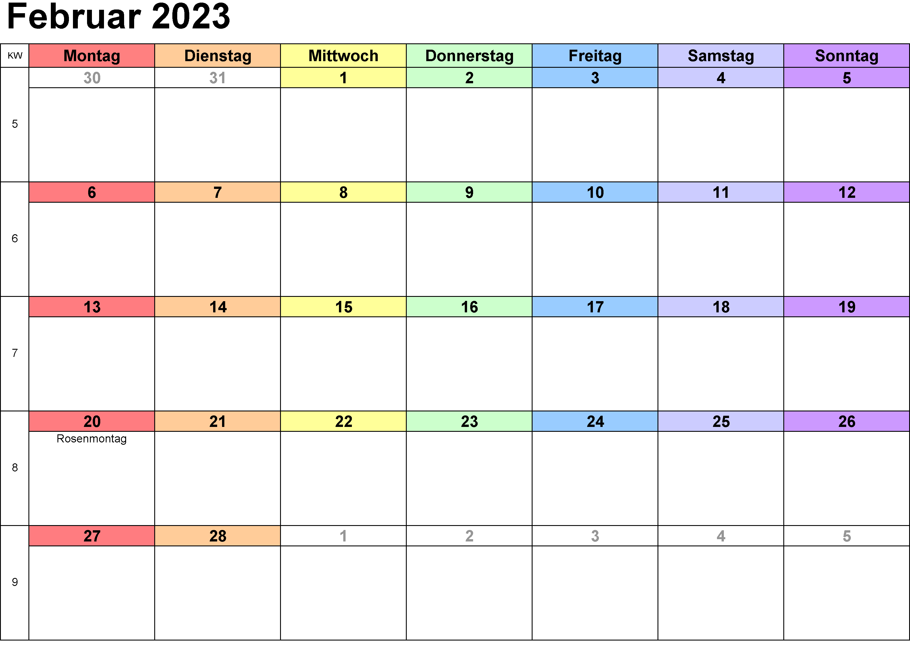 Kalender Februar 2023 Tabelle
