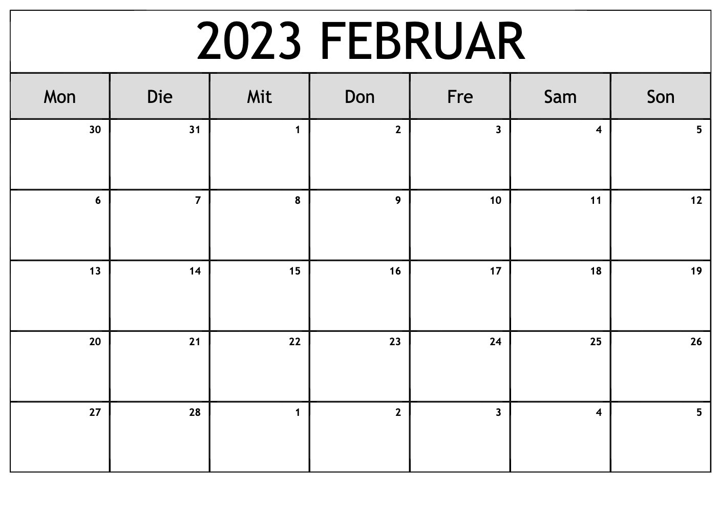 Kalender Februar 2023 Zum Ausdrucken