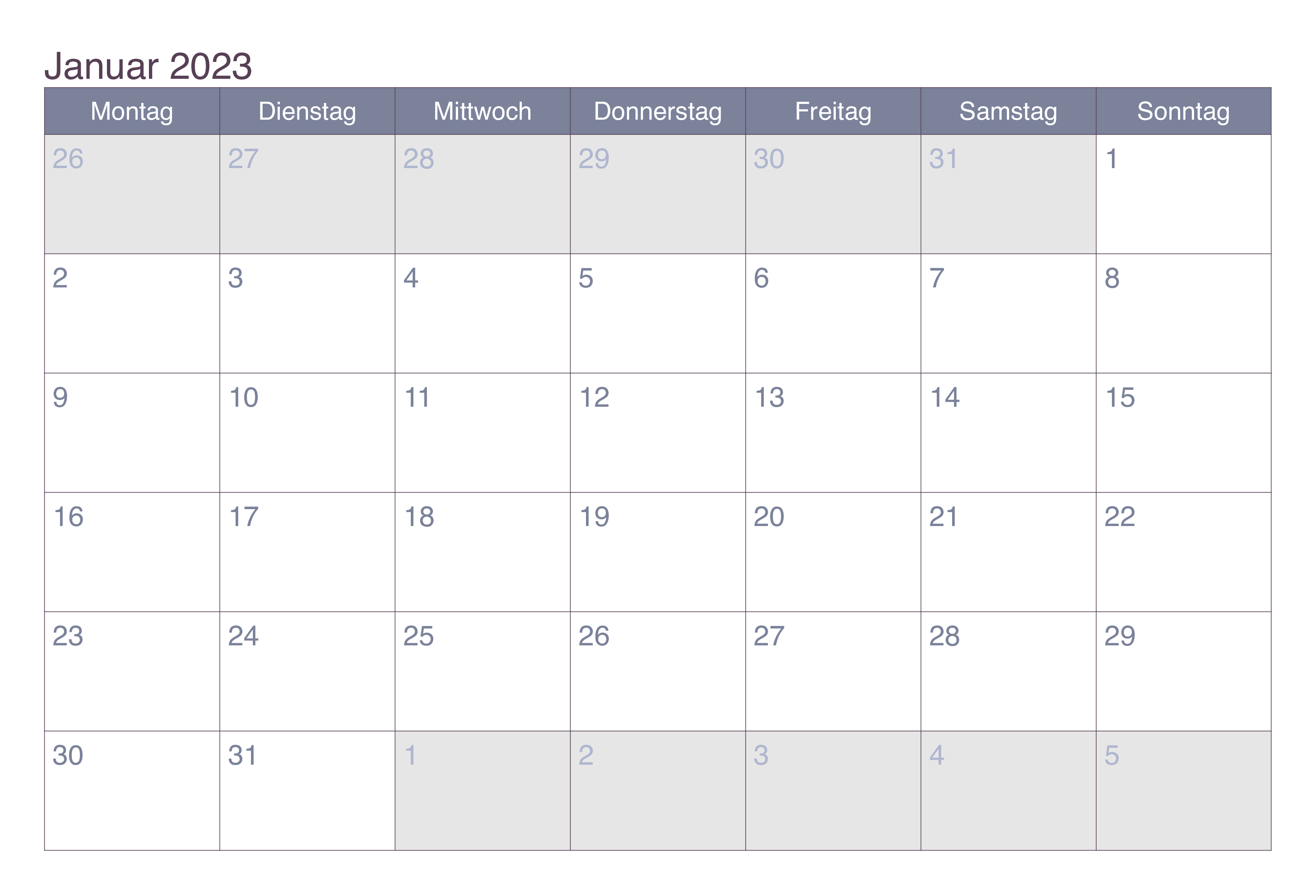 Kalender Januar 2023 Tabelle
